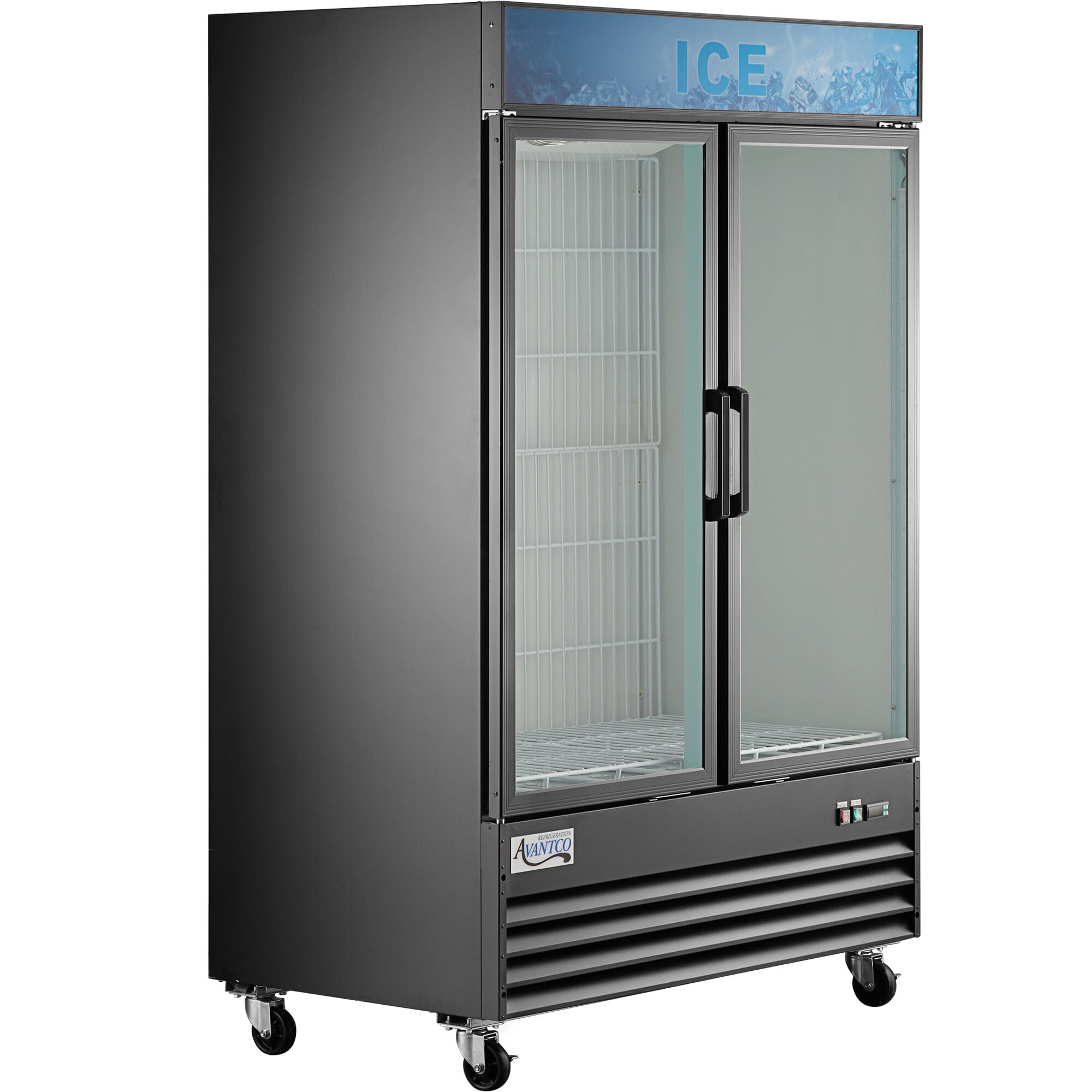 An Avantco black glass door ice merchandiser.