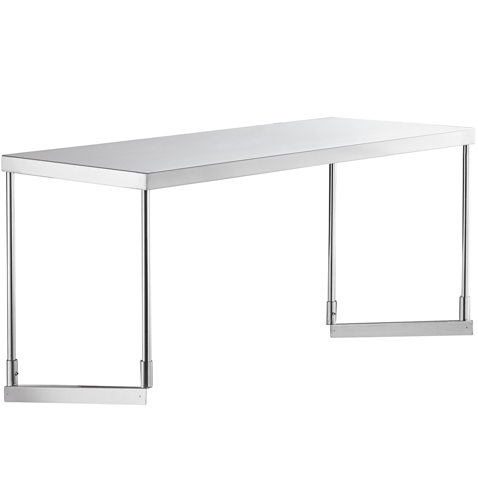 A white rectangular table with a stainless steel Avantco single deck overshelf on metal legs.