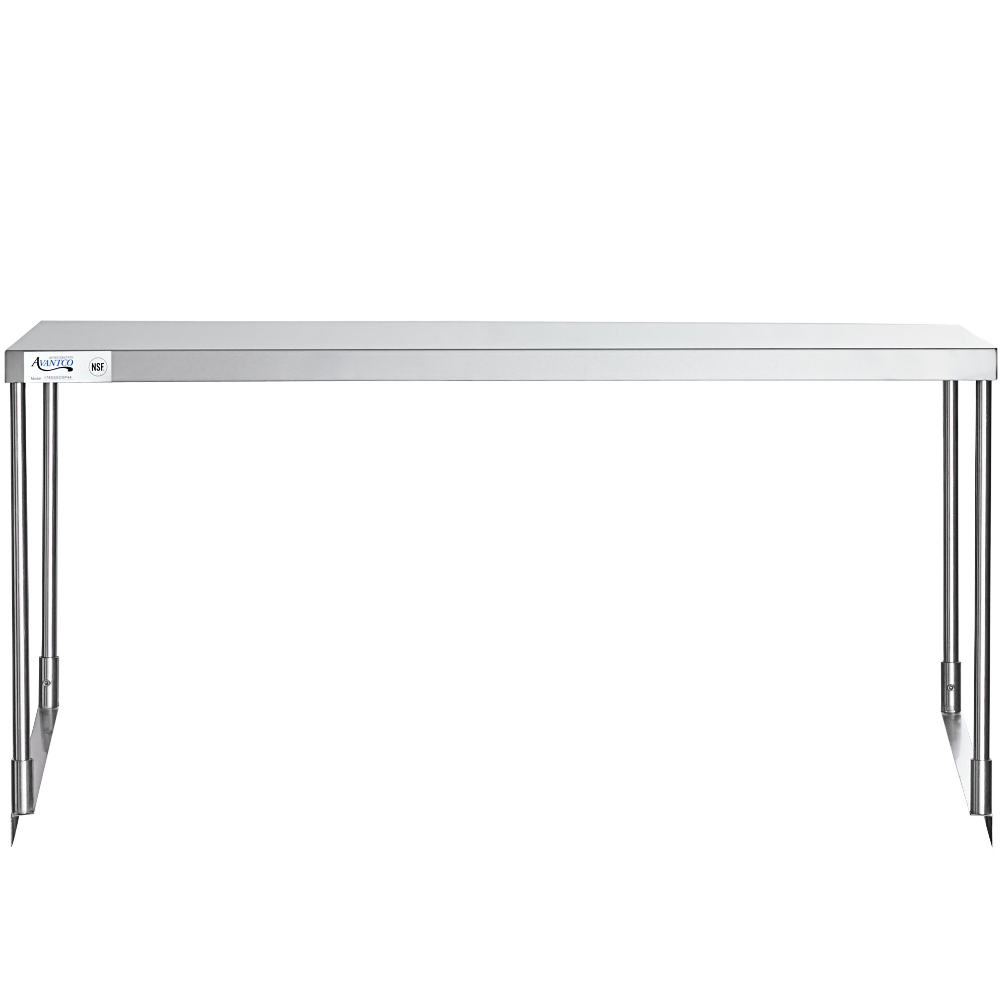 A stainless steel Avantco single deck overshelf on a table.