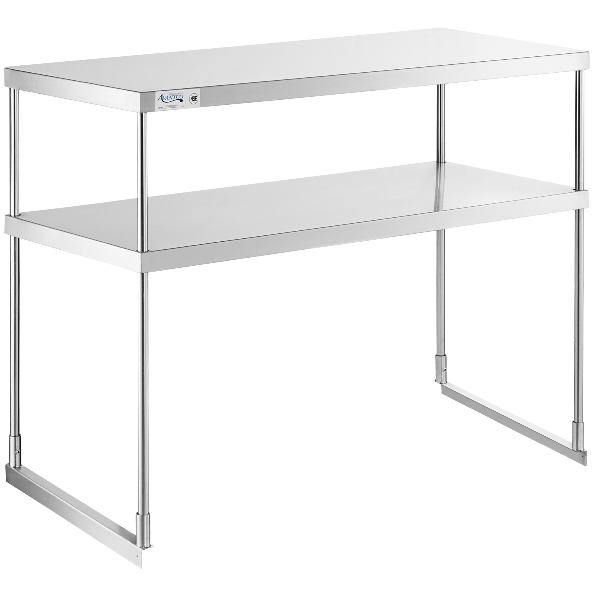 An Avantco stainless steel double deck overshelf on a table.