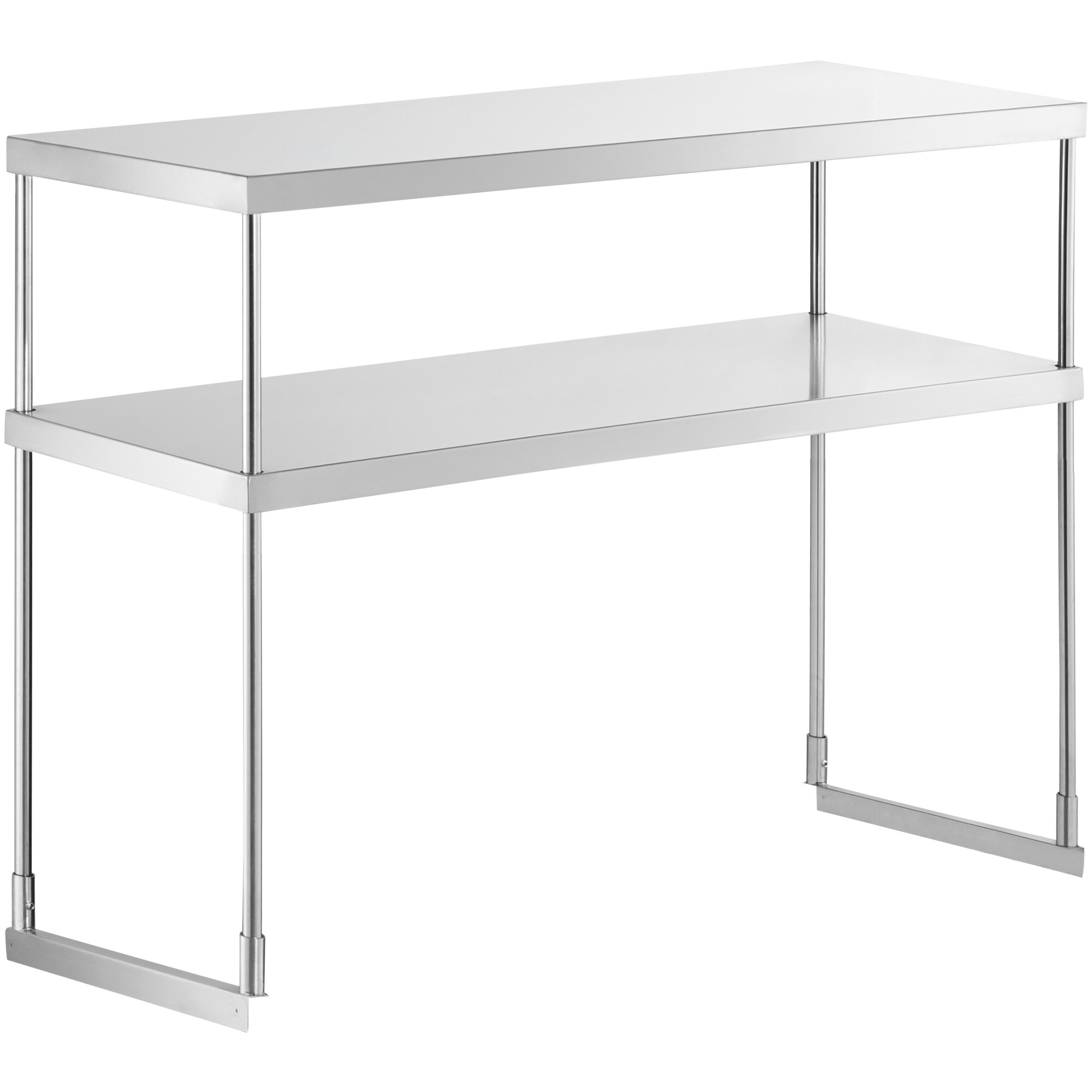 A white metal Avantco double deck overshelf with two shelves on it.