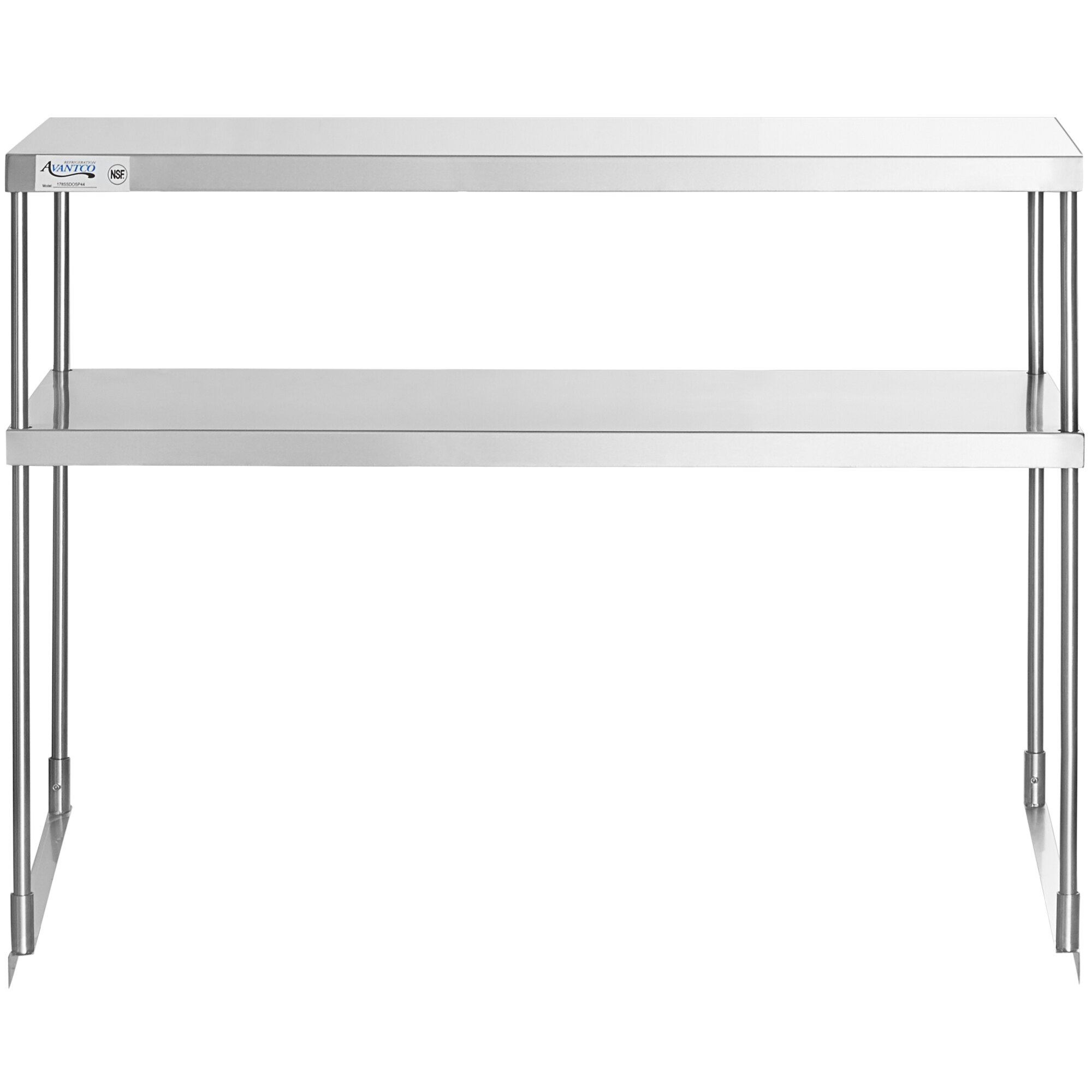 An Avantco stainless steel double deck overshelf on a silver metal table.