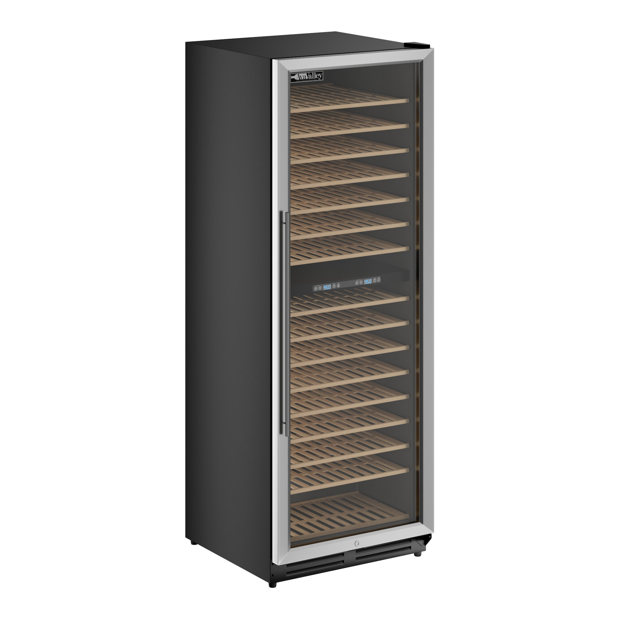 A tall, black commercial wine cooler with a full glass door and multiple wooden shelves.