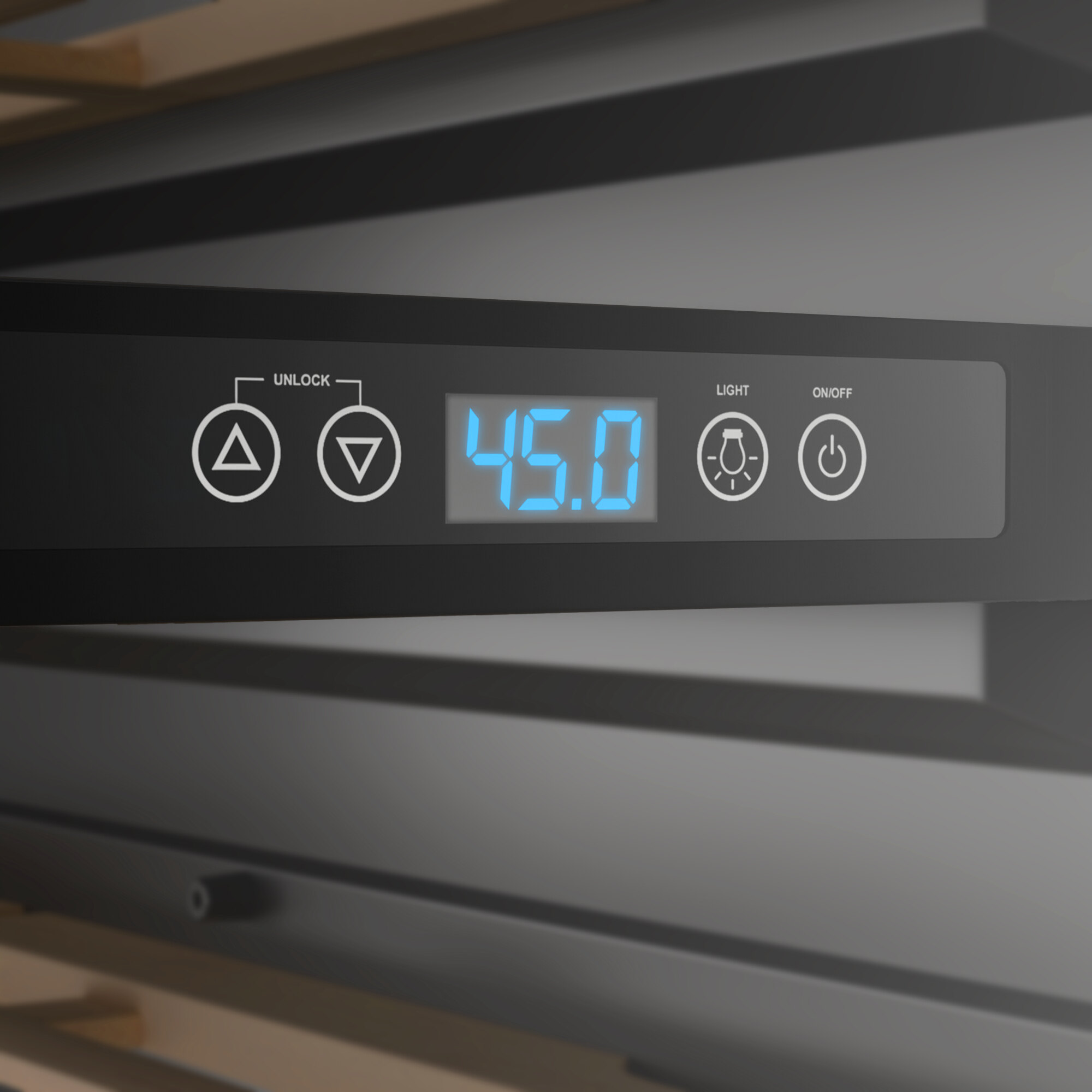 A digital control panel on a commercial wine cooler displaying a temperature of 45.0 degrees.