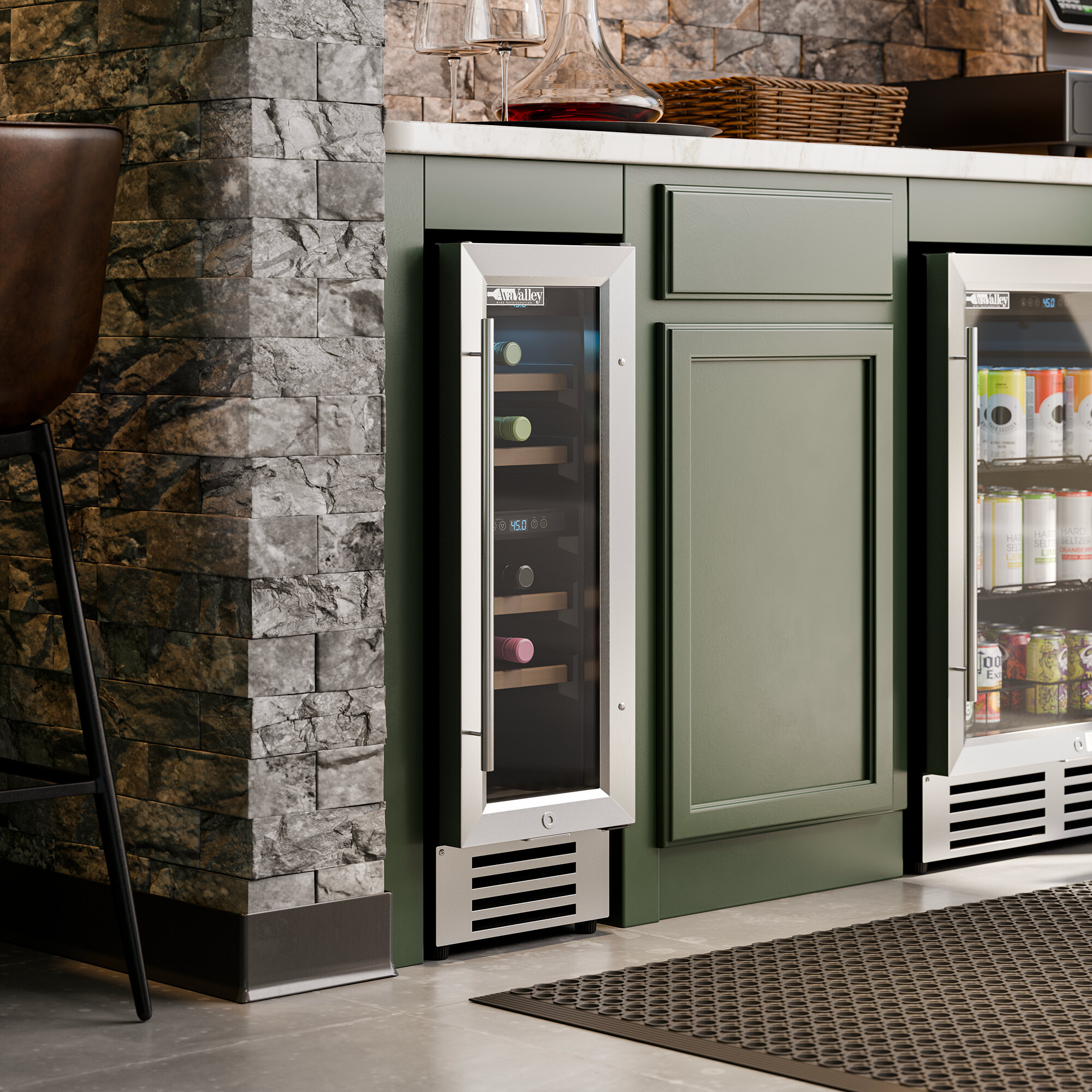A dual temperature full glass door commercial wine cooler built into a kitchen cabinet.