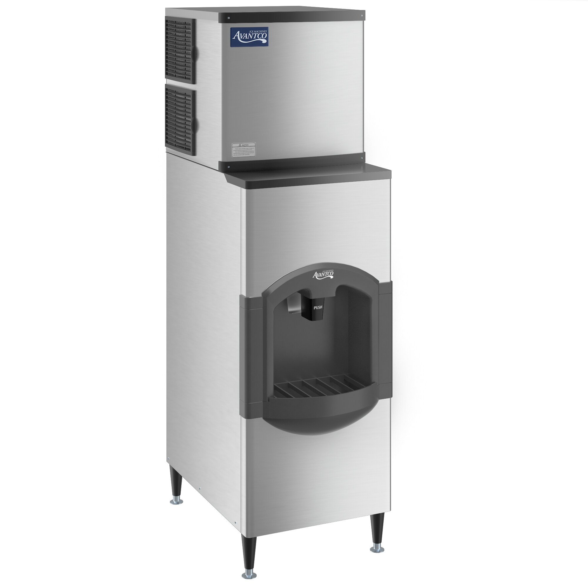 An Avantco stainless steel ice machine with a modular ice dispenser.