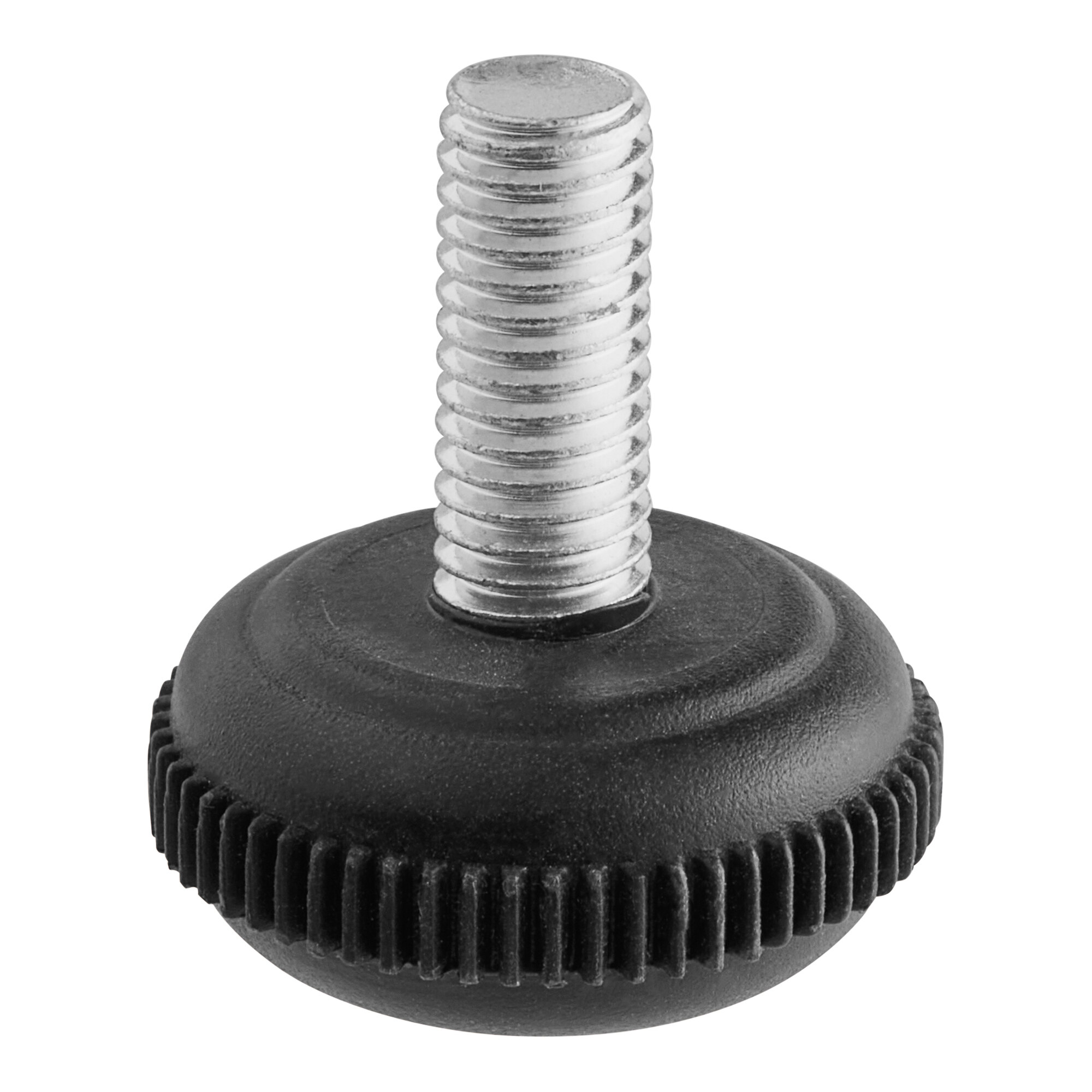A black and silver screw with a black plastic cap.