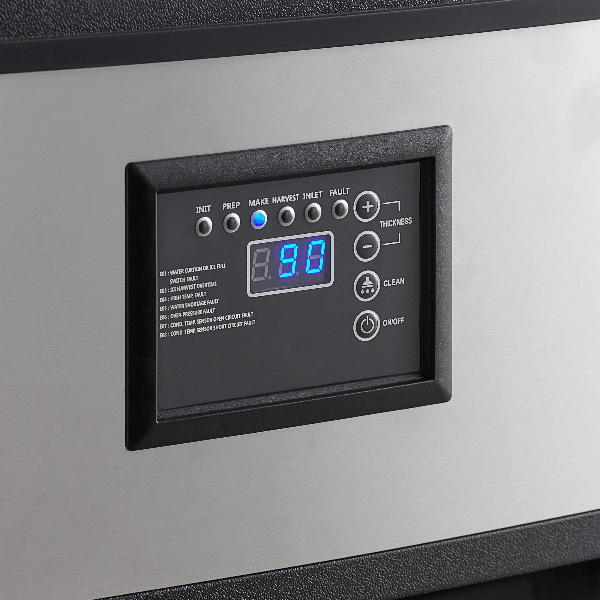 An Avantco undercounter ice machine with a black and silver rectangular control panel with buttons and a digital display.