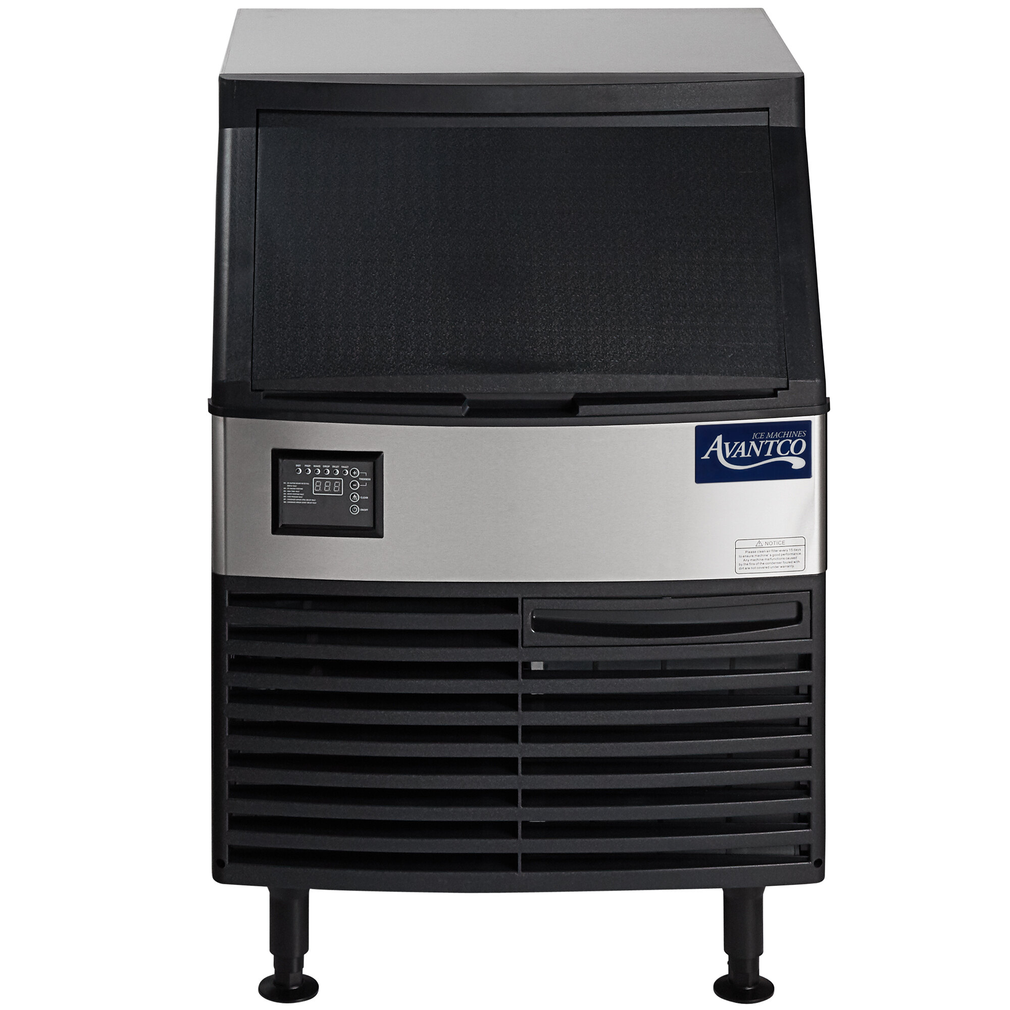 An Avantco undercounter ice machine with a black and silver exterior and a white top.