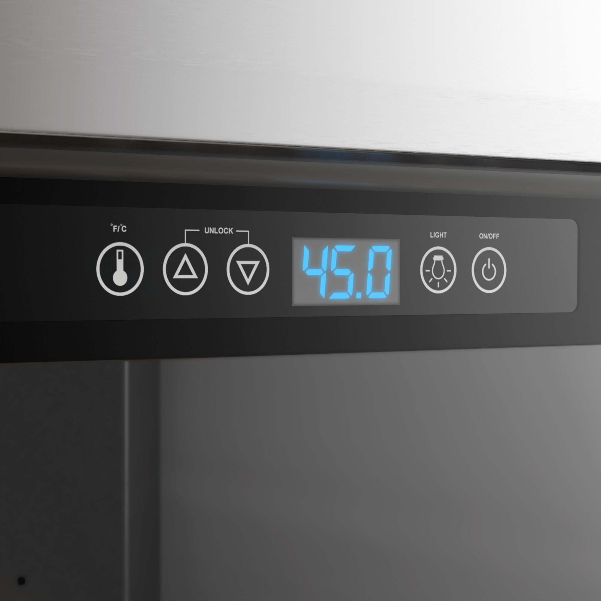 A digital control panel on a commercial wine cooler displaying a temperature of 45.0 degrees.