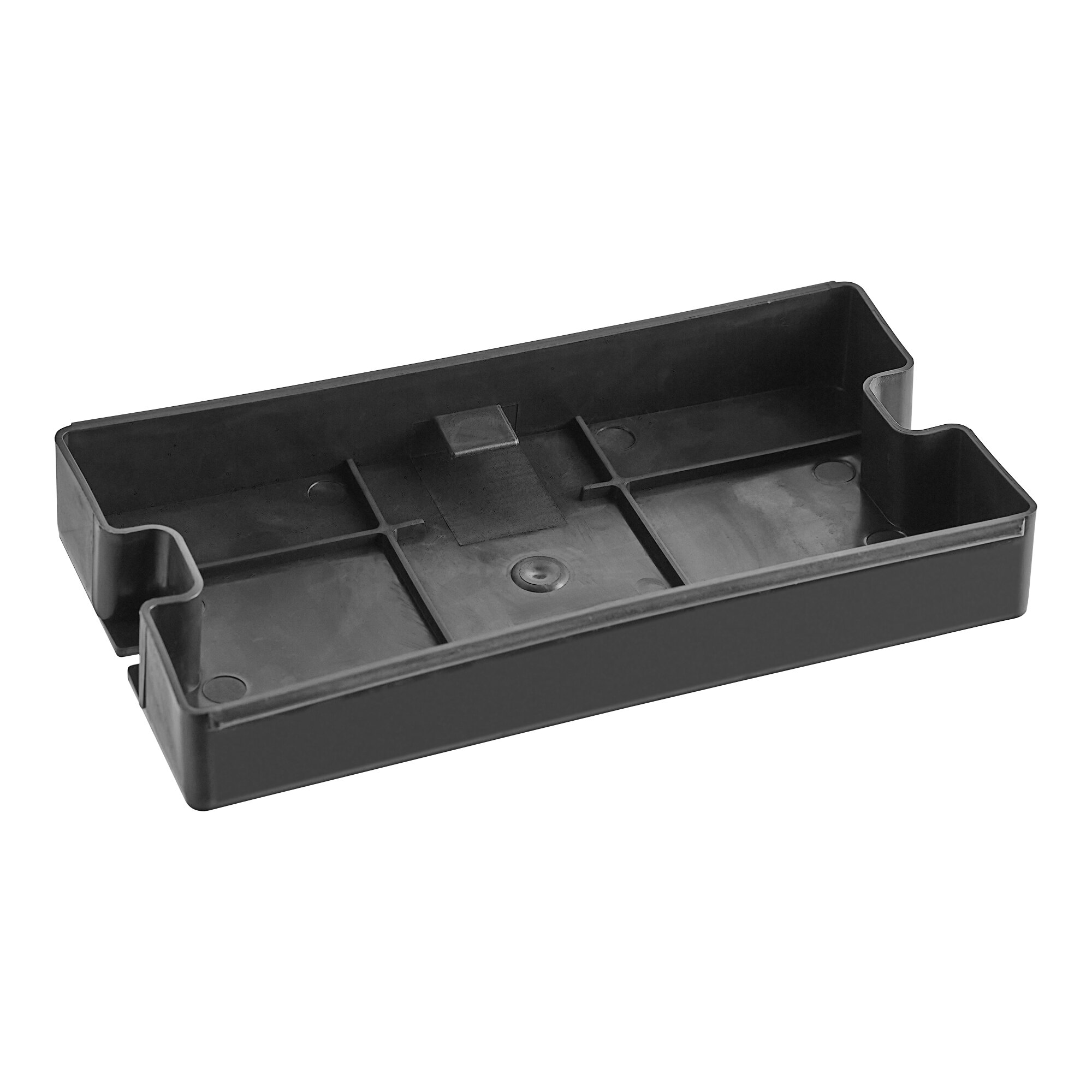 An Avantco black plastic condensate pan with two compartments.