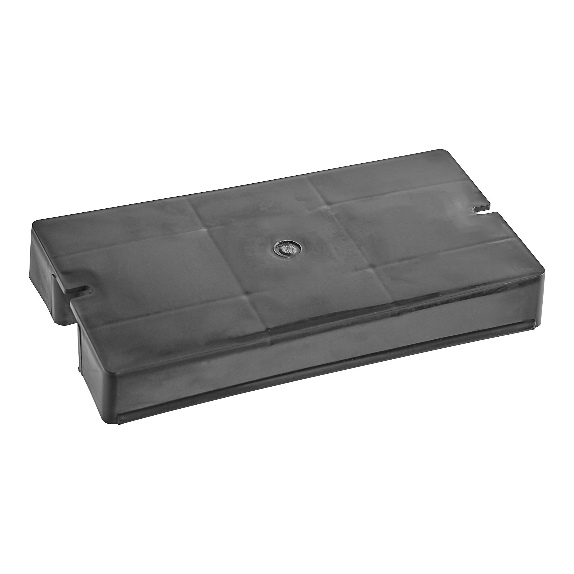 A black rectangular Avantco condensate pan with a hole in it.