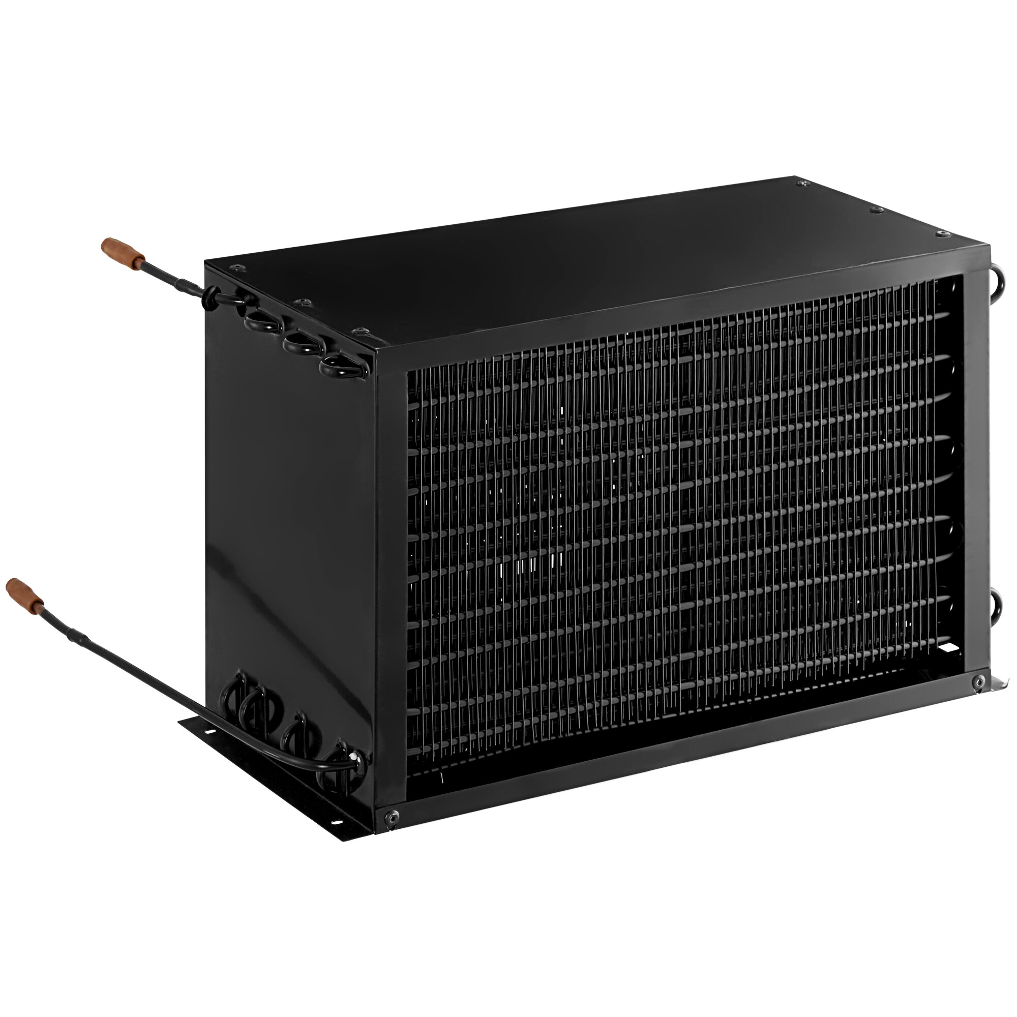 A black rectangular Avantco condenser coil with a wire mesh.
