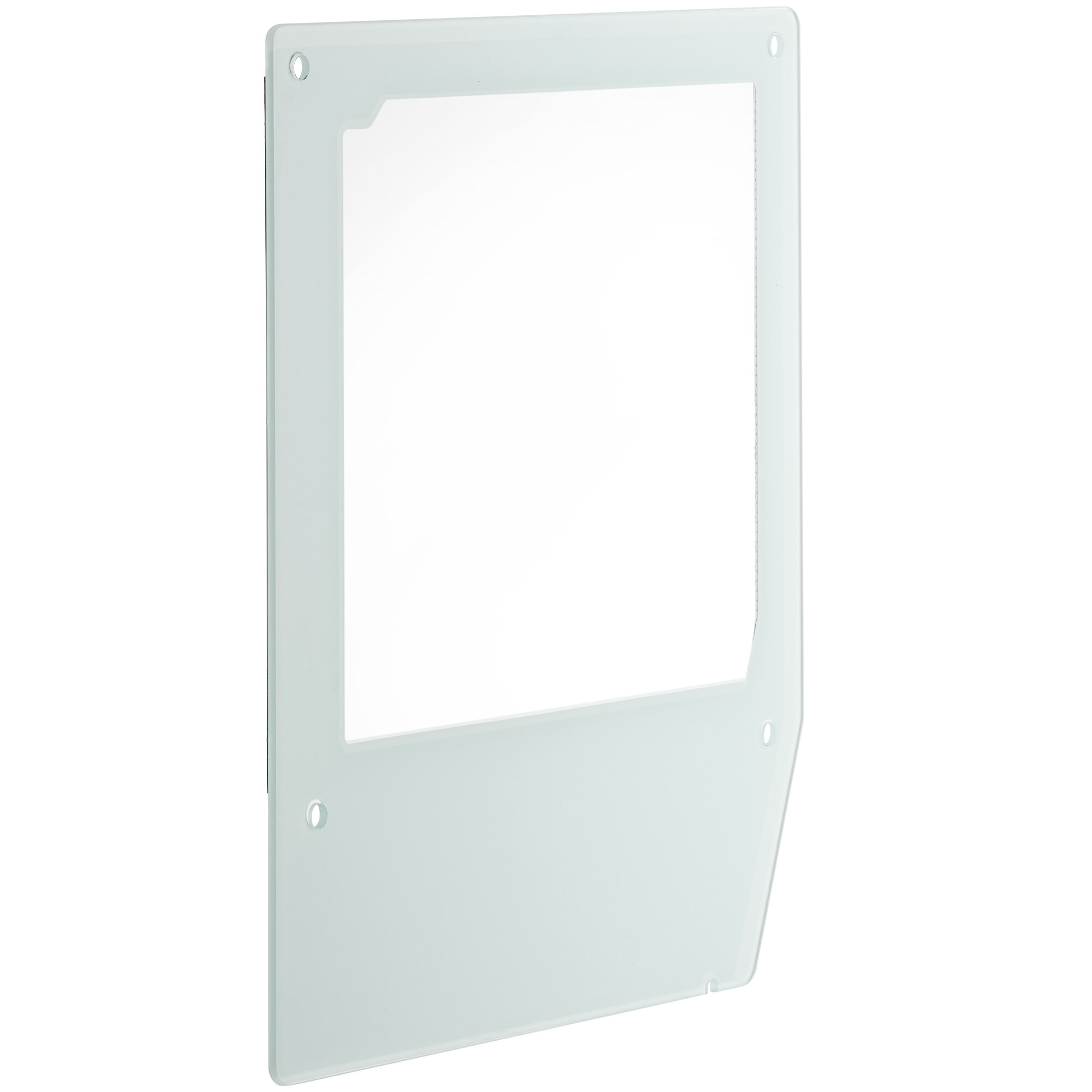 The left glass for a white Avantco refrigeration cabinet door.