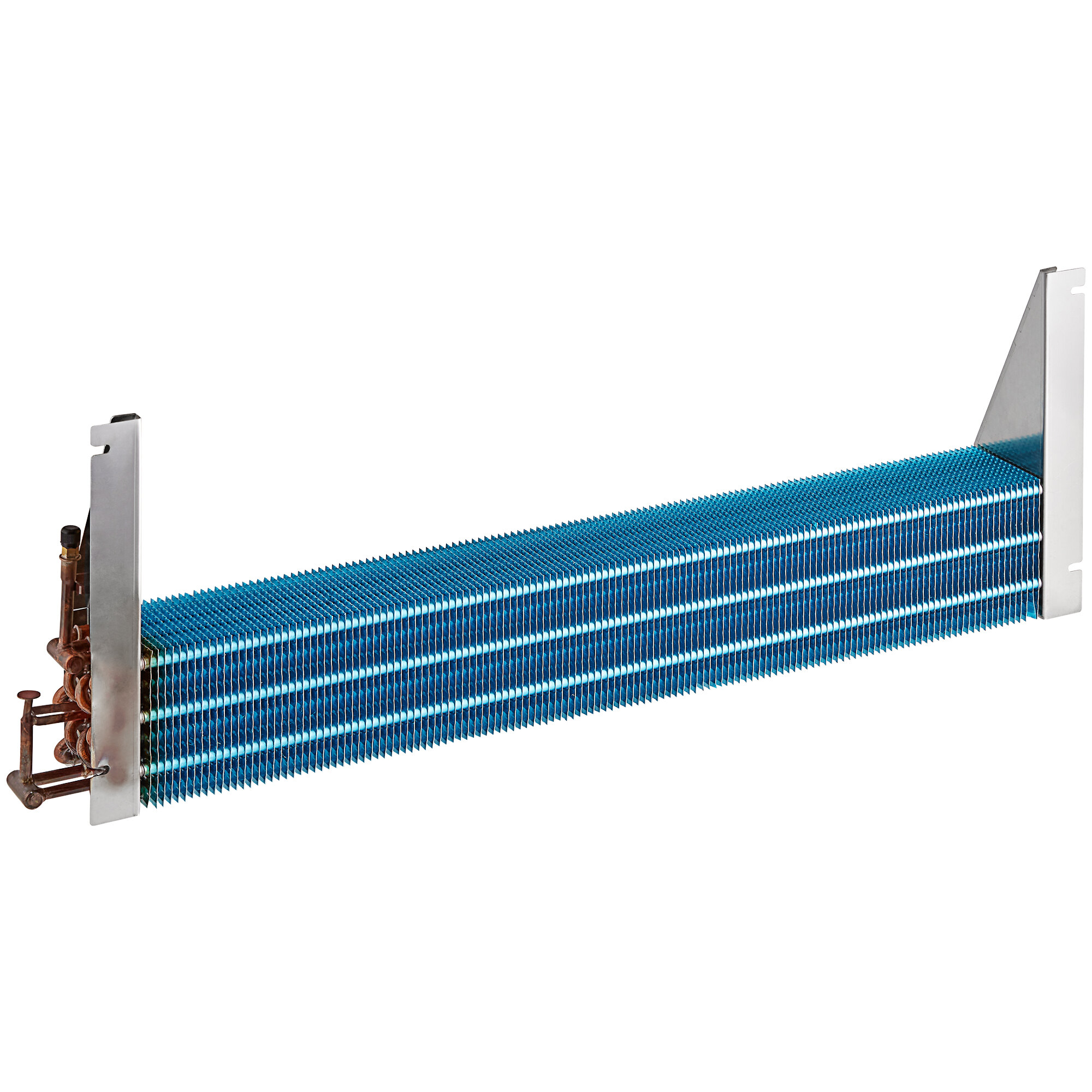 A blue and silver Avantco evaporator coil with black rectangular accents.