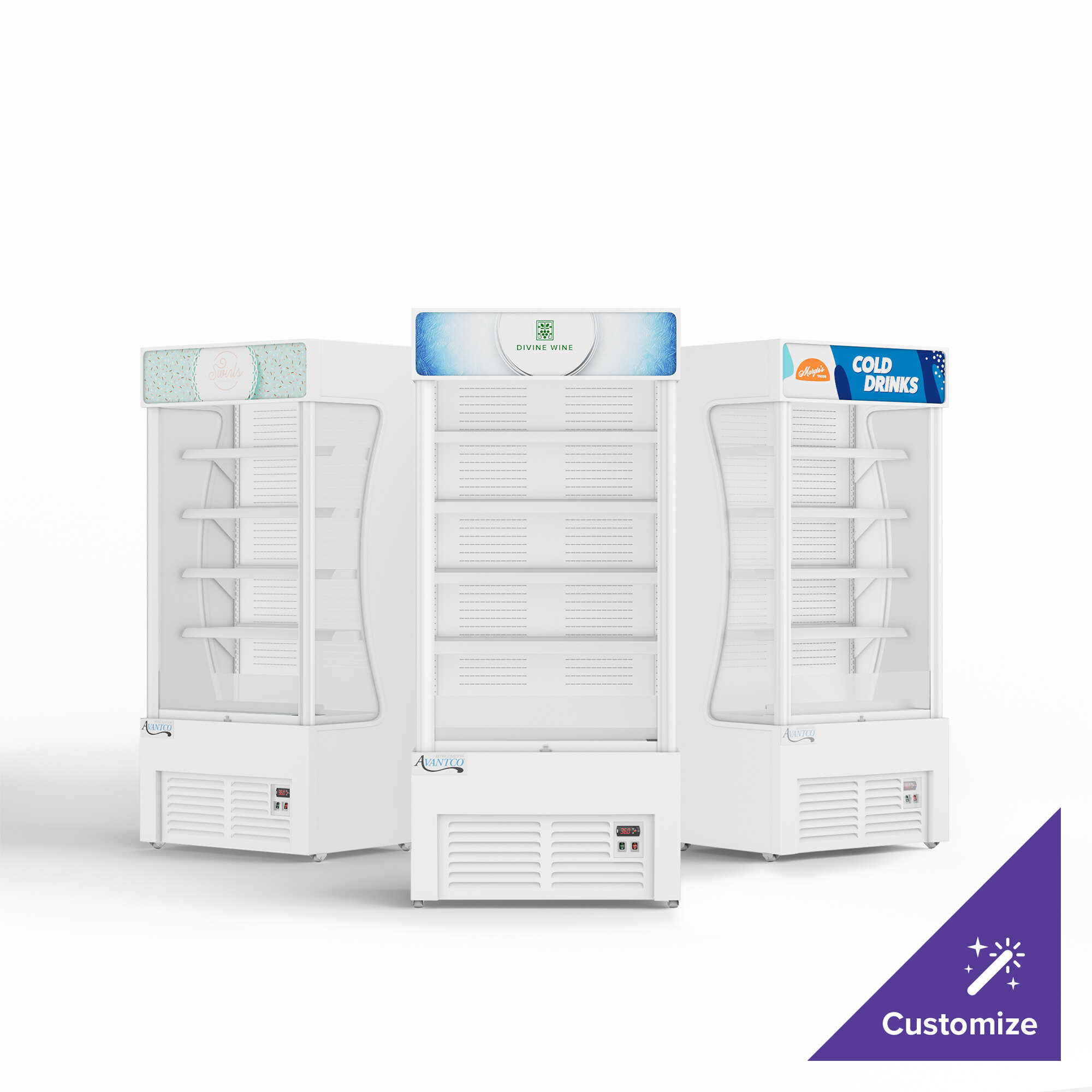 A white Avantco refrigerated air curtain merchandiser with customizable panel.