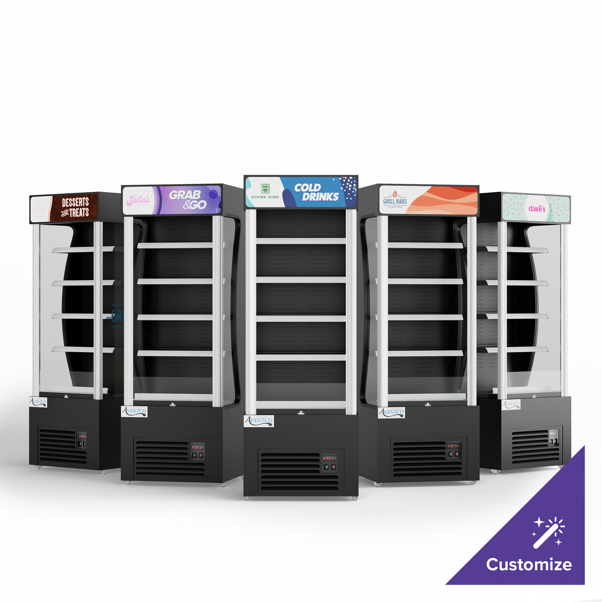 An Avantco black refrigerated air curtain merchandiser with customizable panels on a white shelf with black shelves.