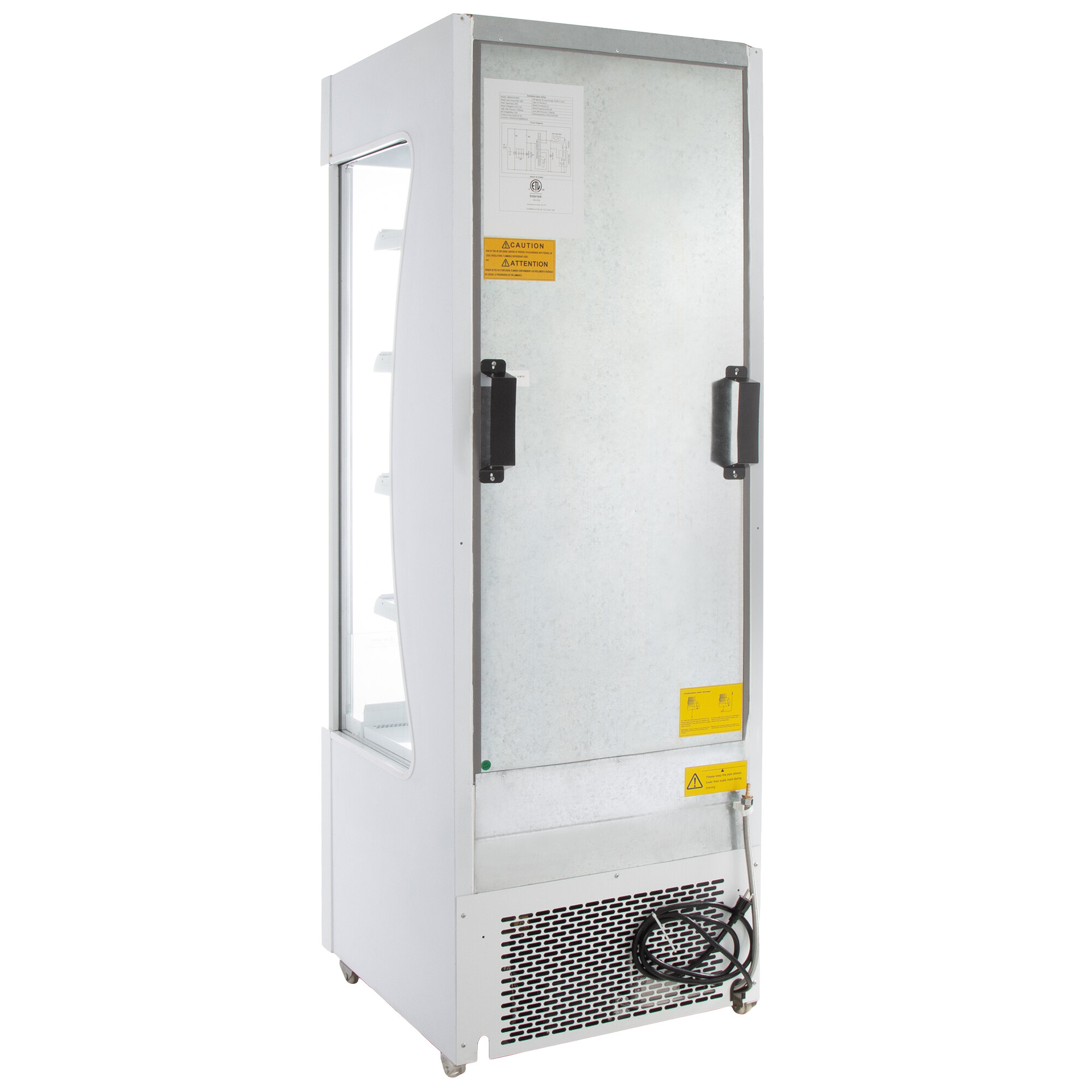 An Avantco white refrigerated air curtain merchandiser with a glass door.