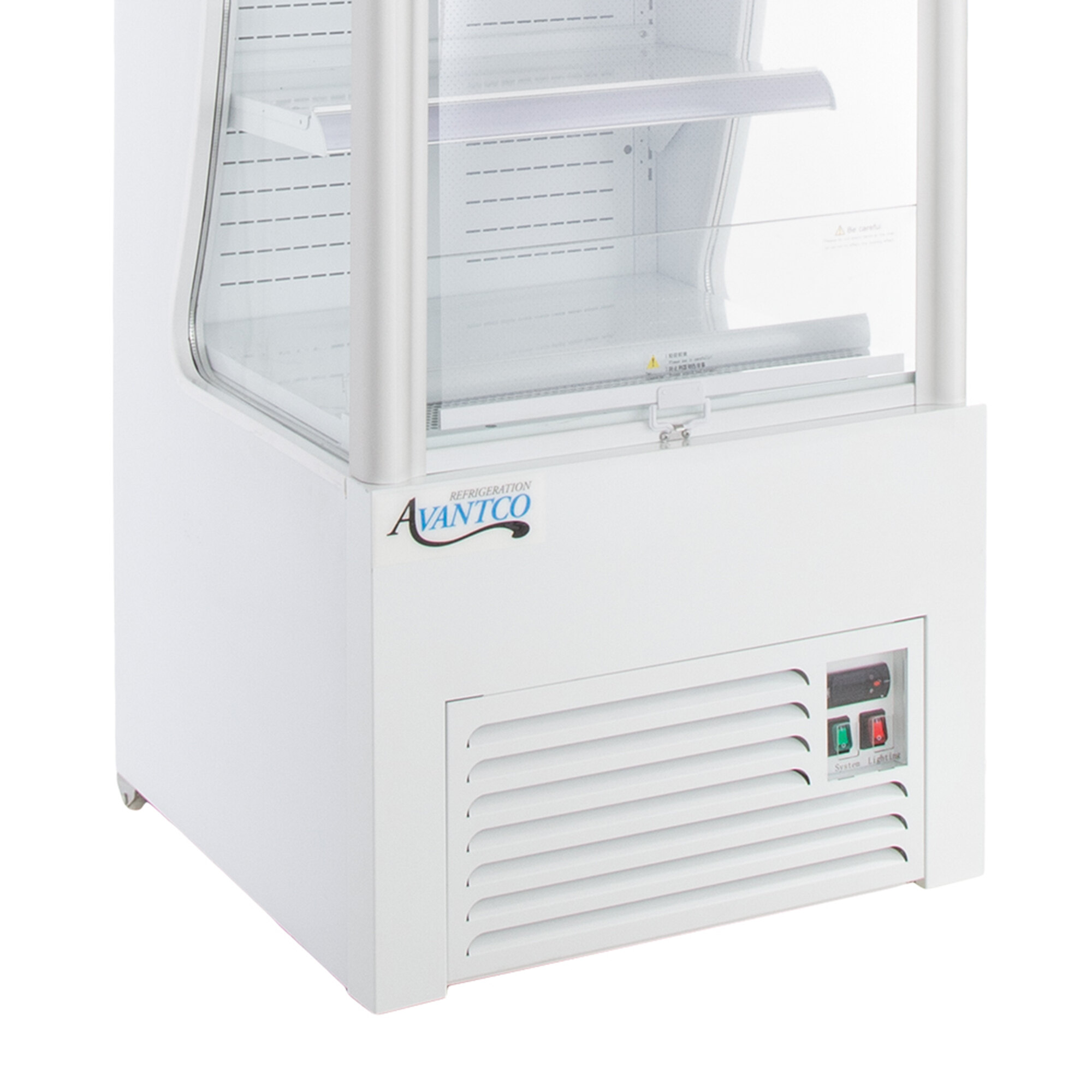 An Avantco white refrigerated air curtain merchandiser with a glass door.