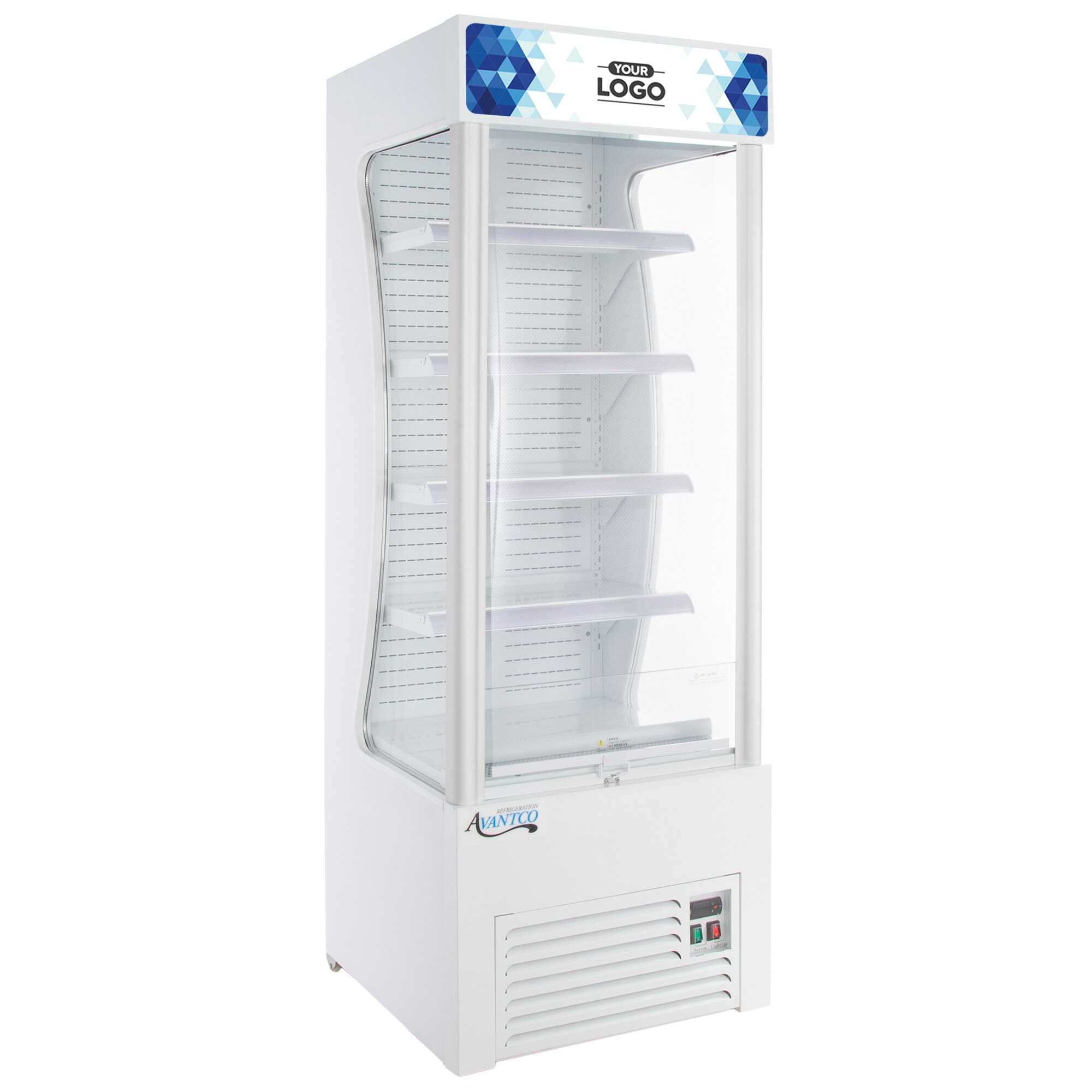 A white refrigerator with glass doors.