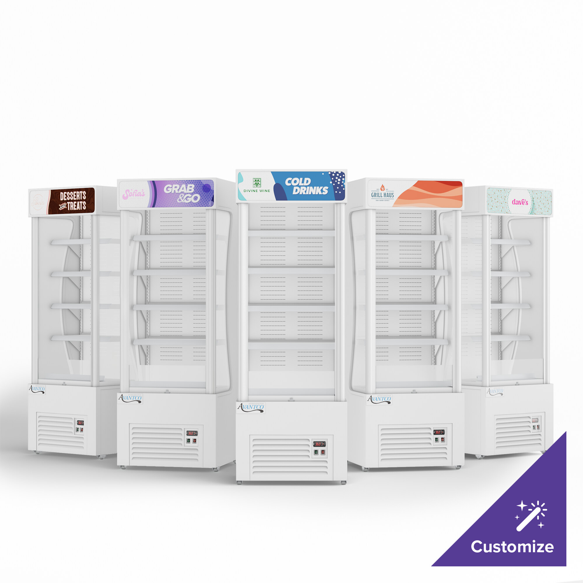 A white Avantco refrigerated air curtain merchandiser with customizable panel.