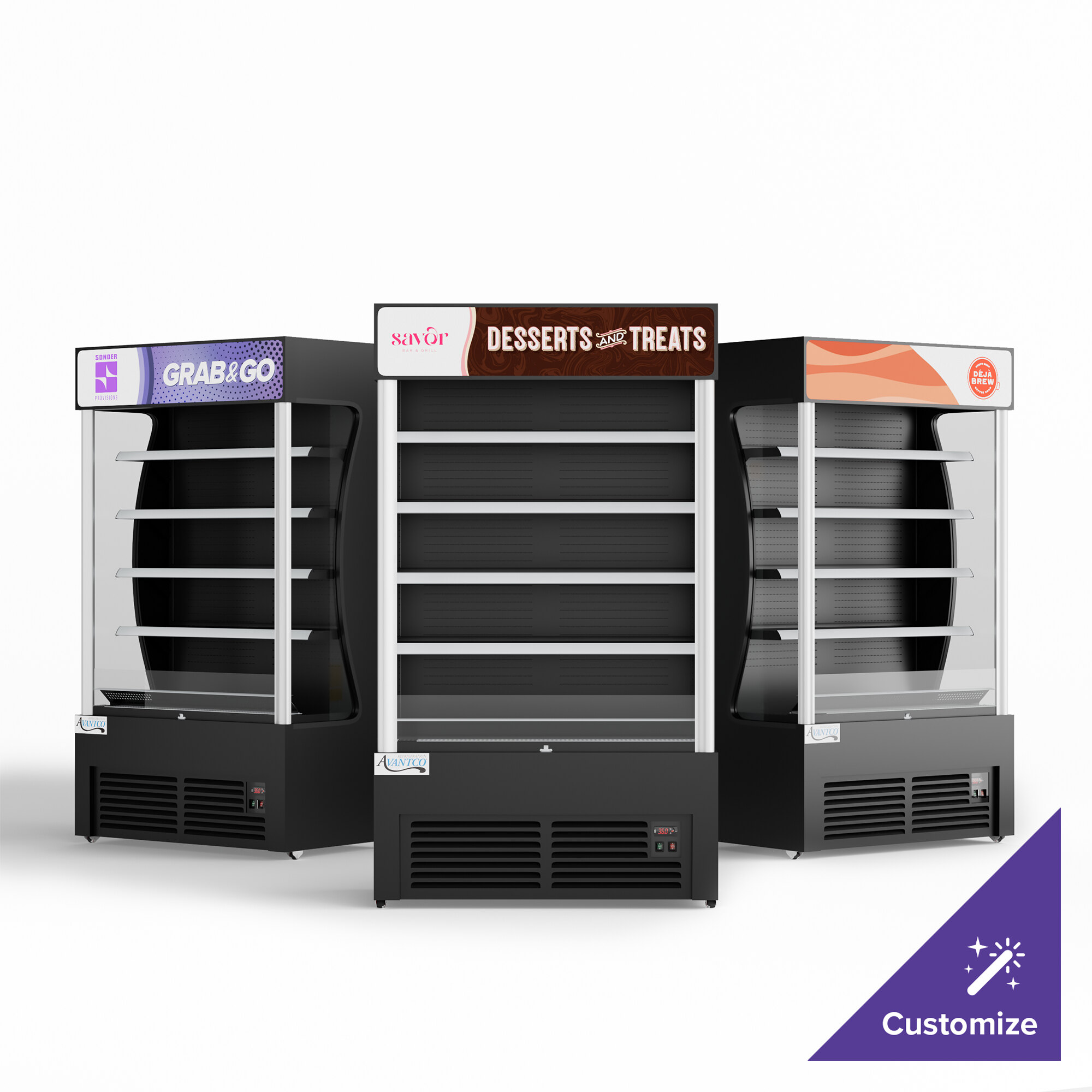 An Avantco black refrigerated air curtain merchandiser with customizable panels.