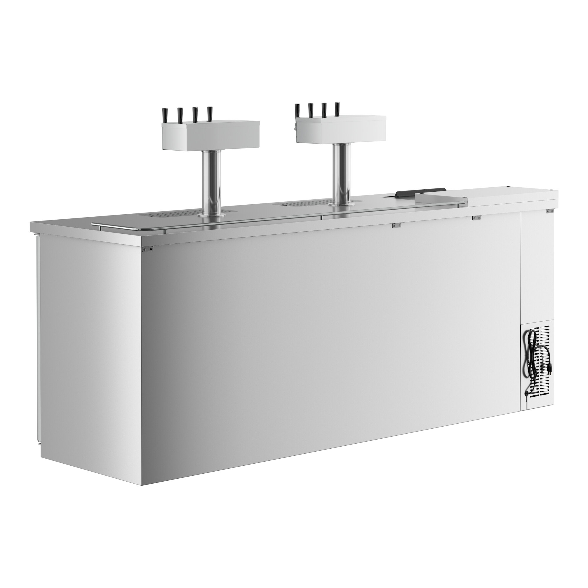 A white rectangular stainless steel Avantco beer dispenser with two quadruple tap towers.