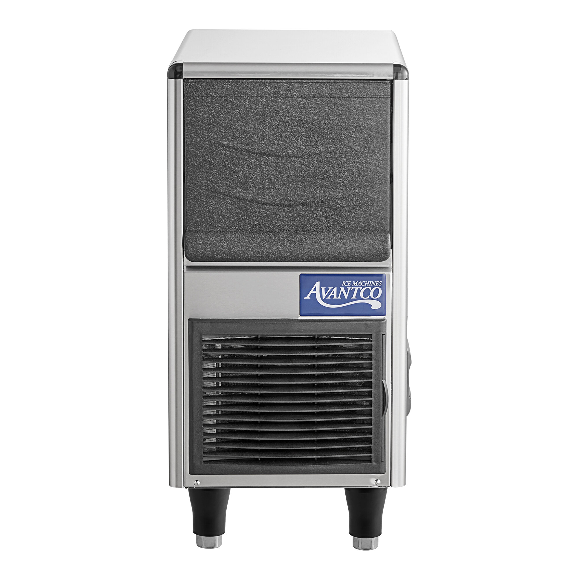 An Avantco undercounter ice machine with a silver and blue finish and a vent.