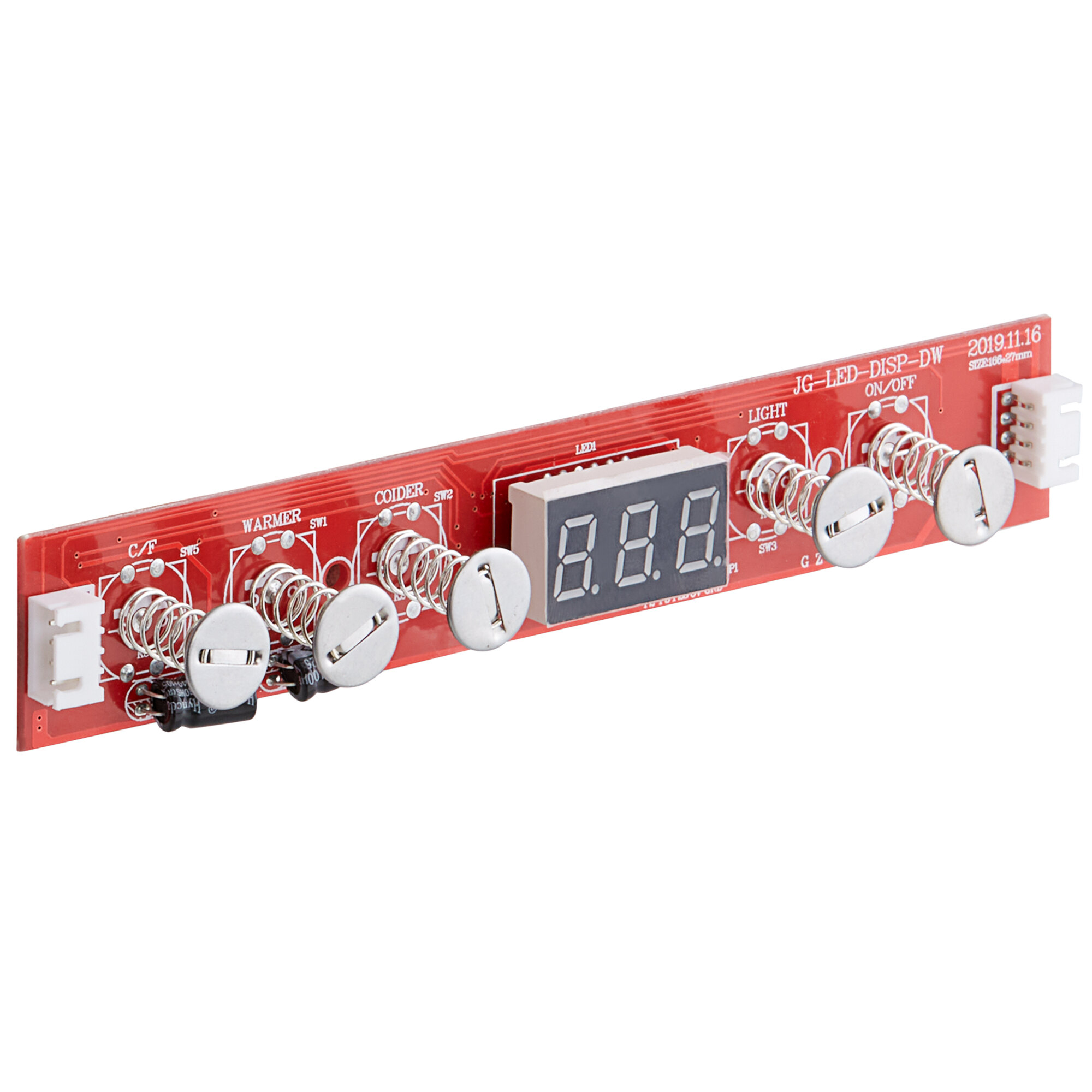 A red circuit board with a number of buttons and a digital display.