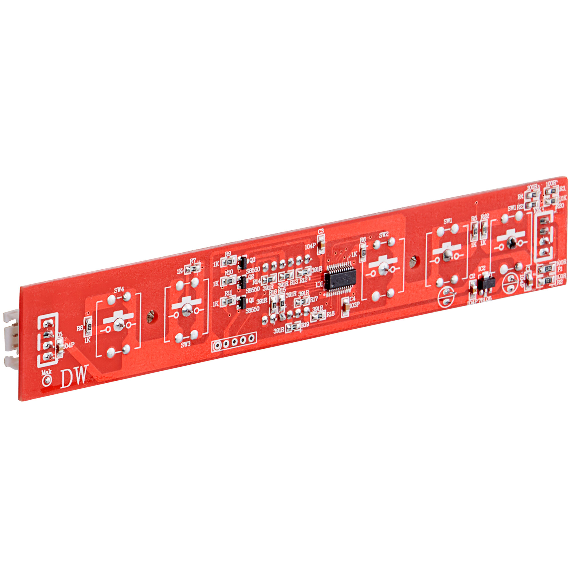 A red circuit board with white and black electronic components.