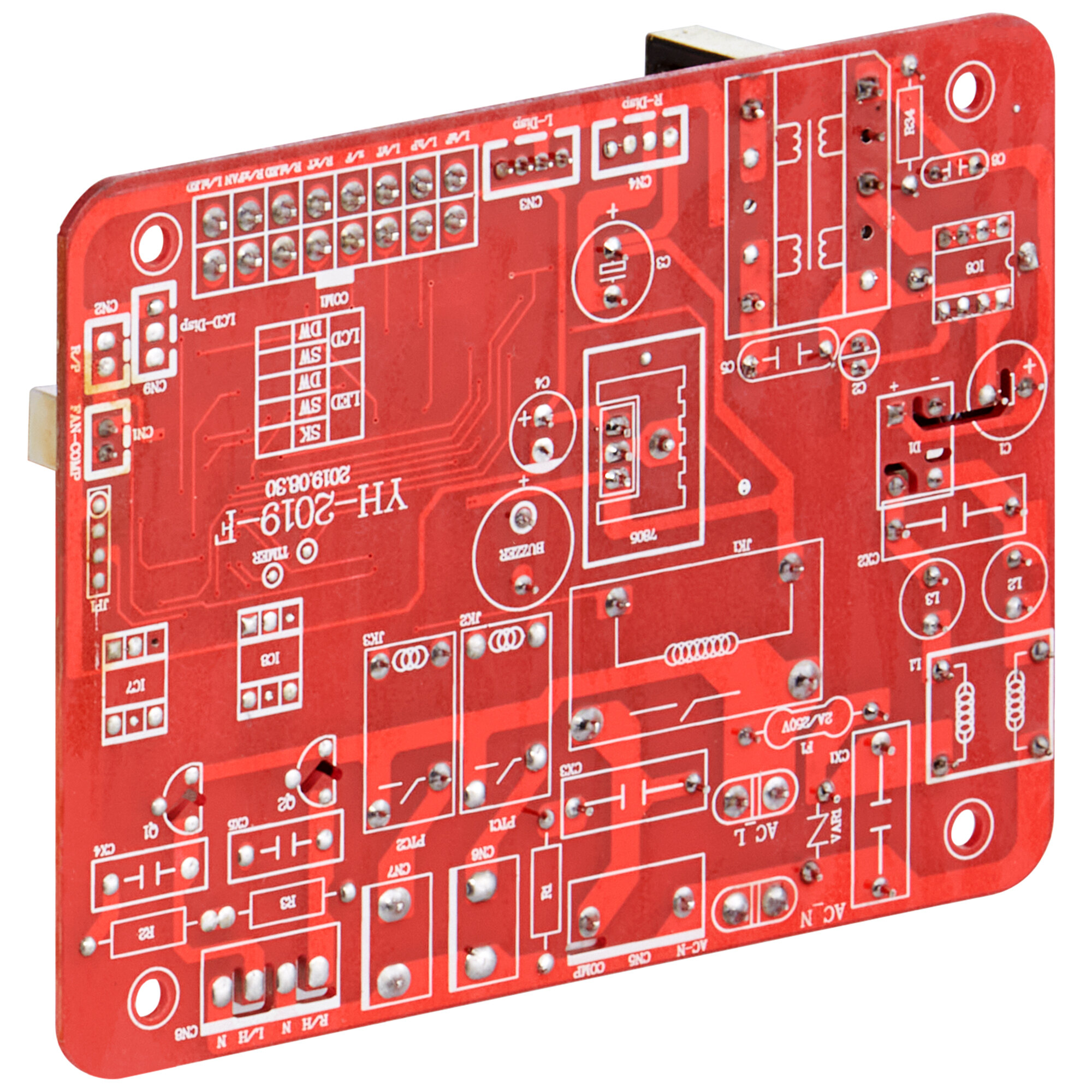 A red PCB main control board for a commercial beverage cooler with white and black lines.