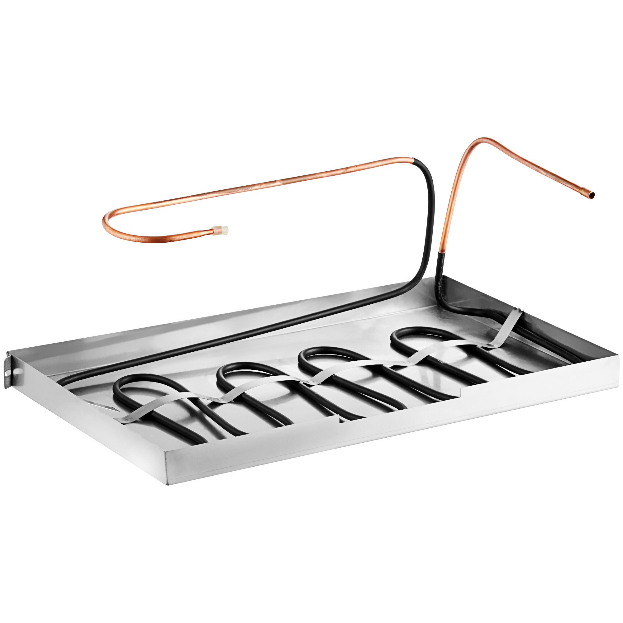 An Avantco metal drain pan with wires.