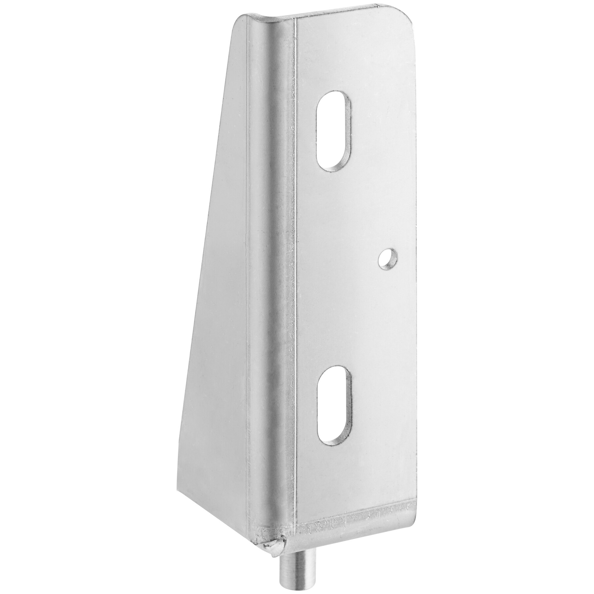 A stainless steel Avantco top left hinge bracket with a hole in the middle.