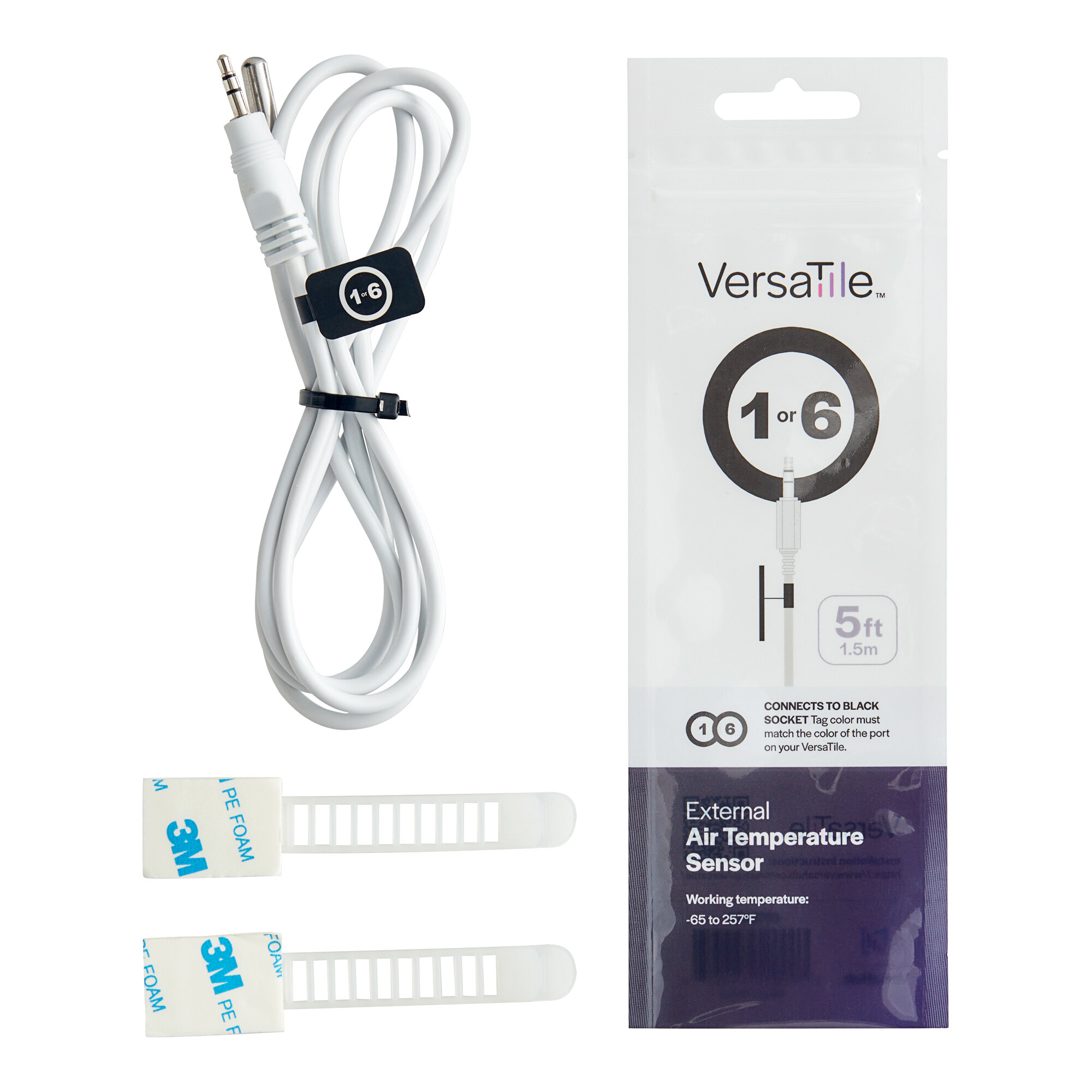 A white cord with white and black tags attached to it.