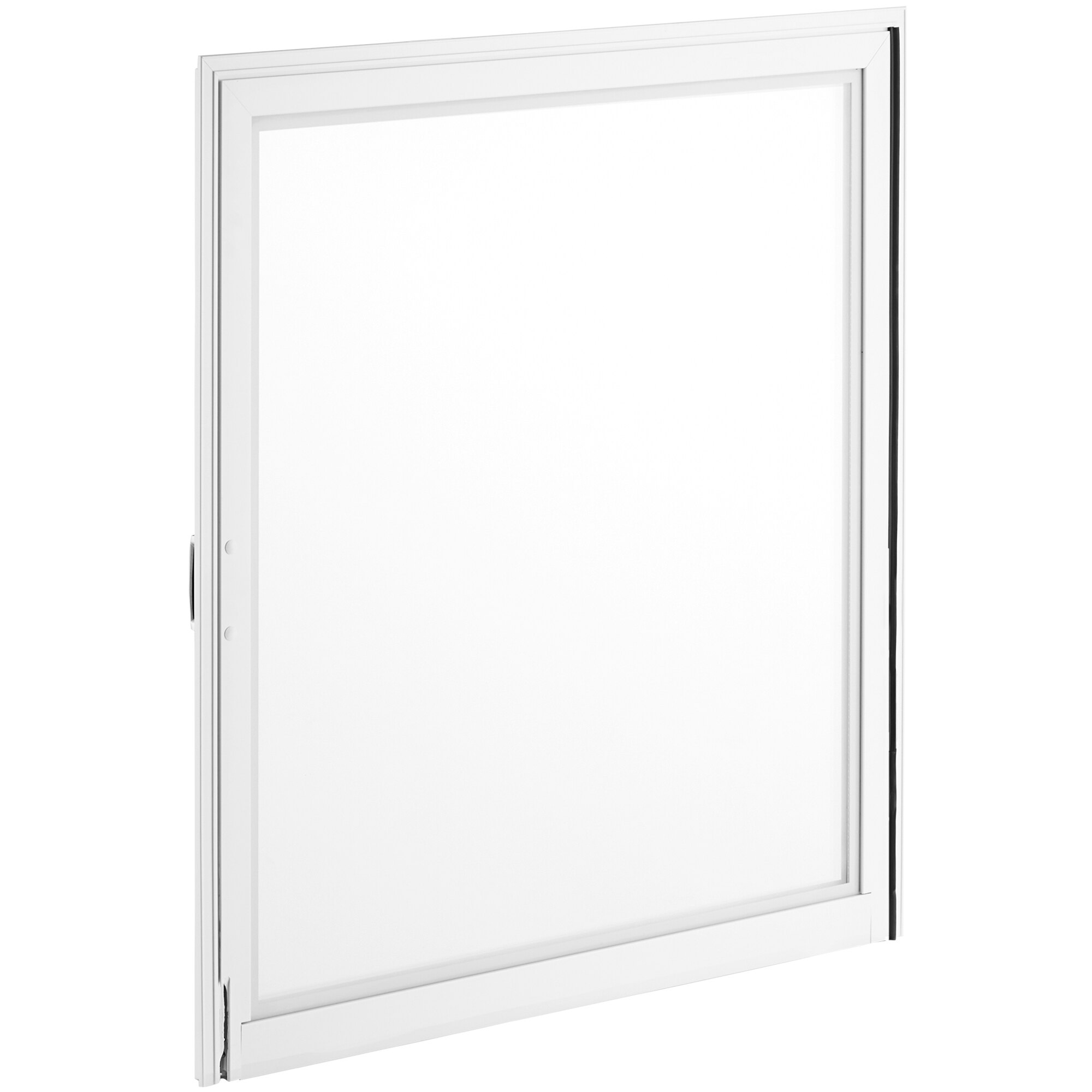 A white rectangular glass door assembly with a square window and a white frame.