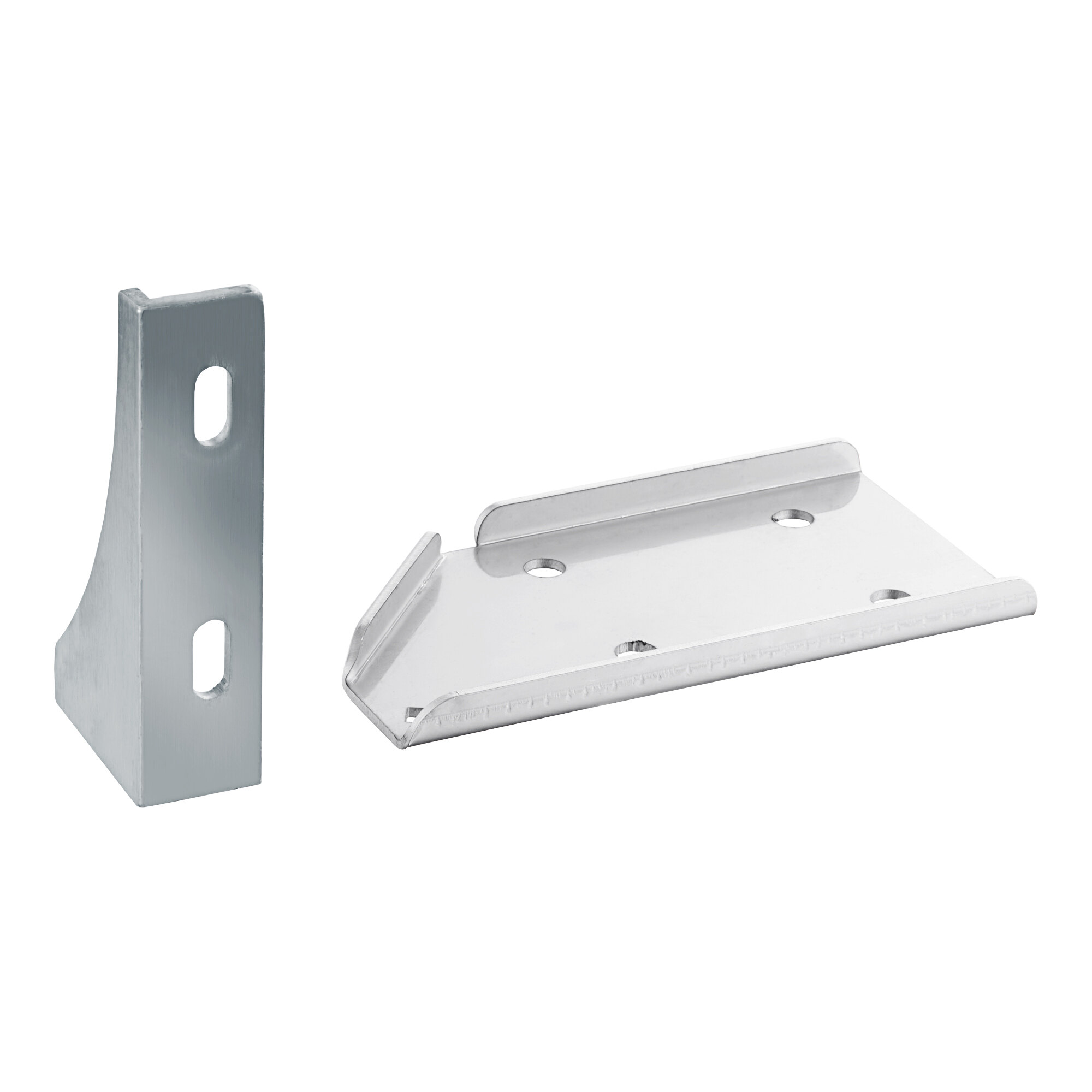 A close-up of a silver metal Avantco Z Series field reversible hinge bracket.
