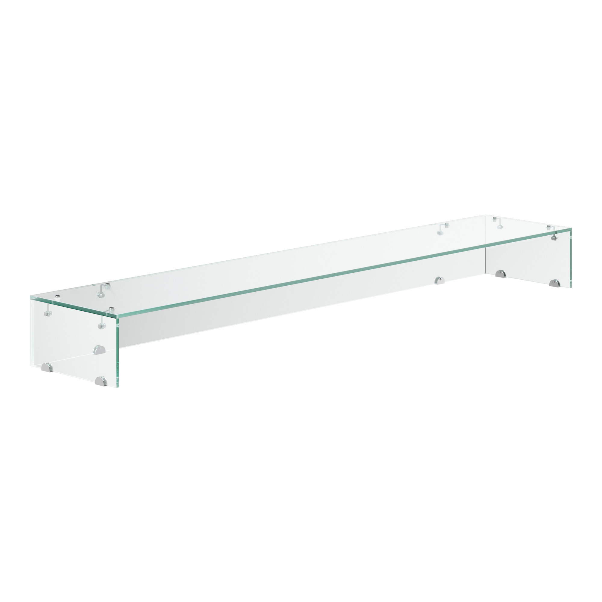 An Avantco clear glass sneeze guard shelf.