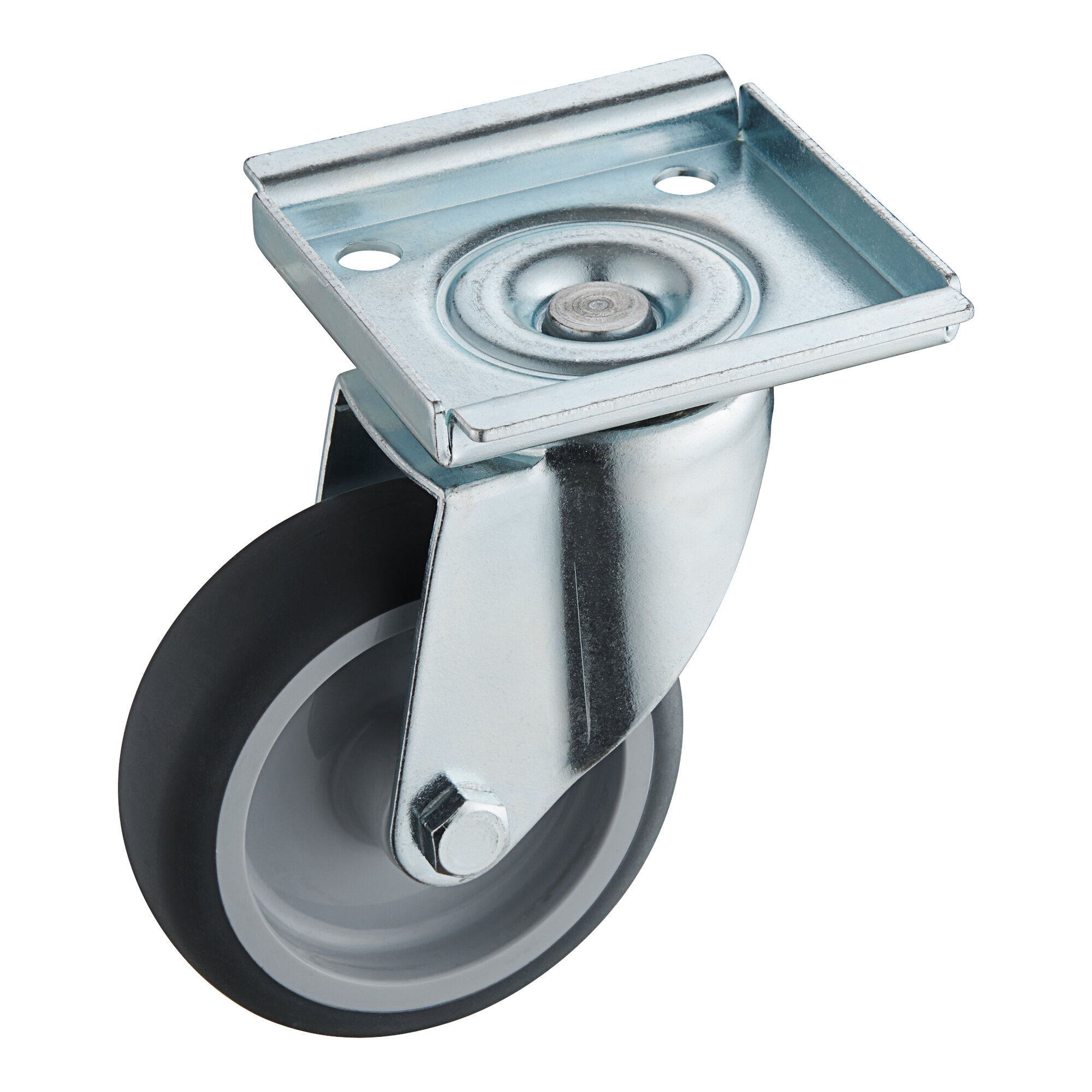 An Avantco caster with a metal and rubber wheel and a metal plate.