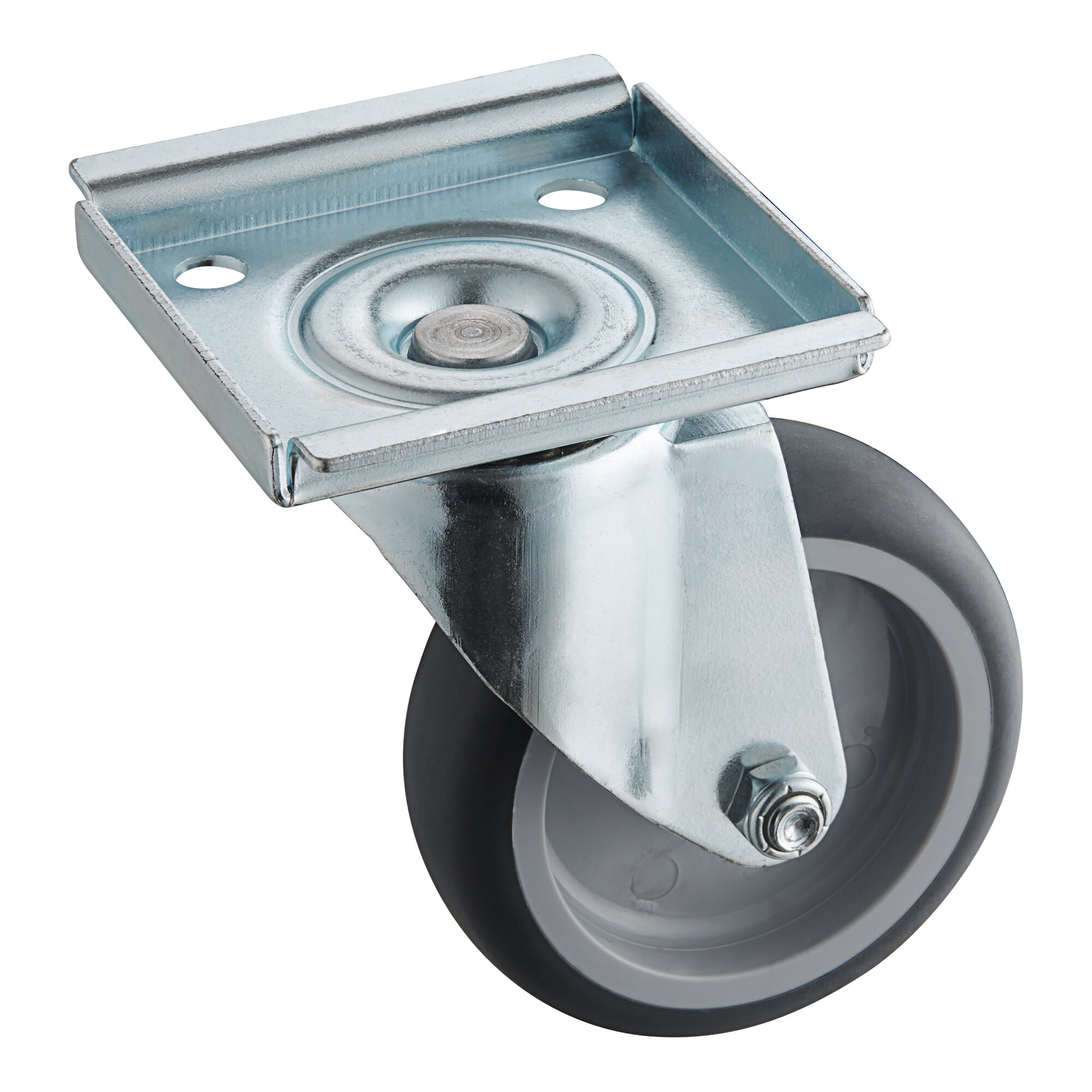 An Avantco metal caster wheel with a black rubber tire.