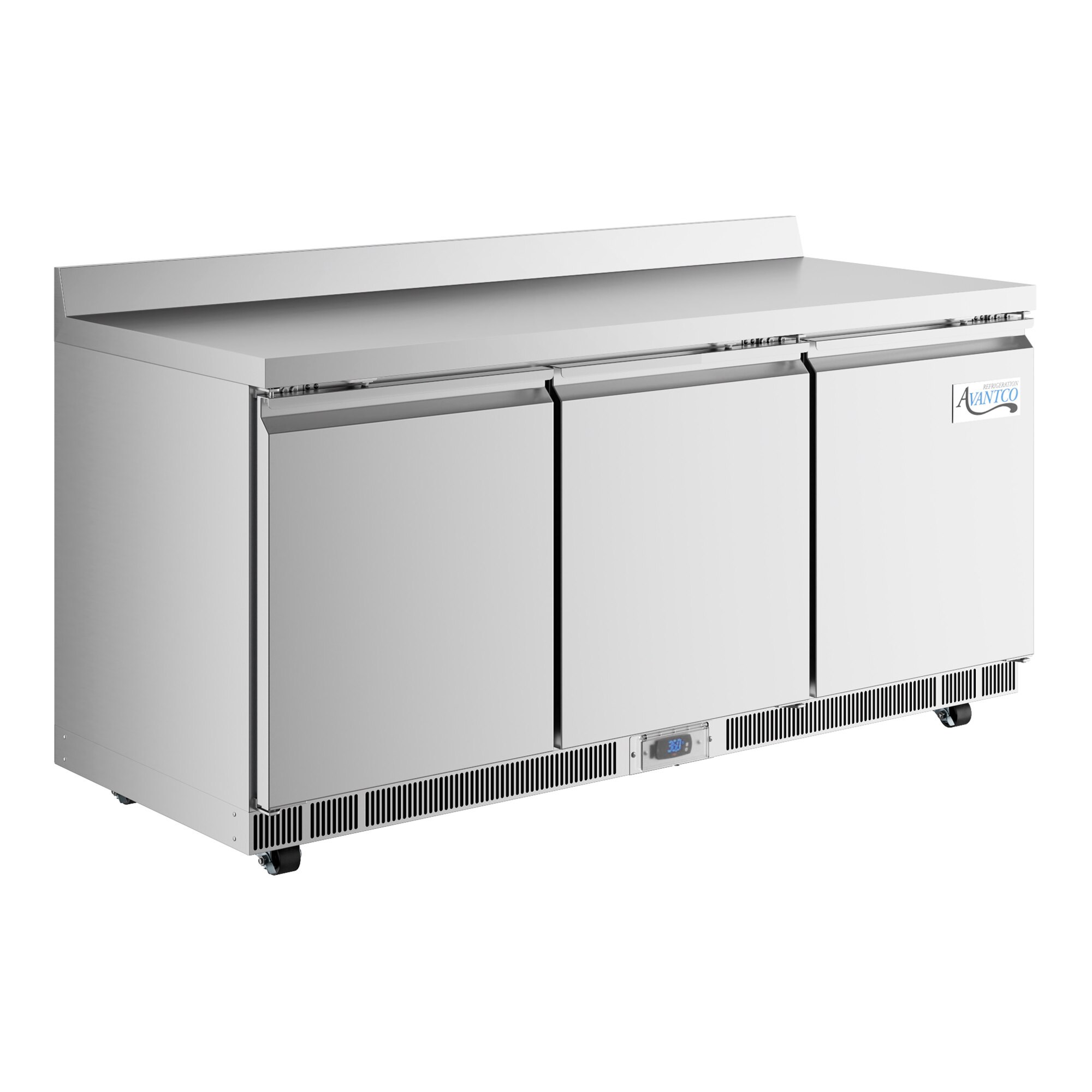 A white Avantco worktop refrigerator with three doors.