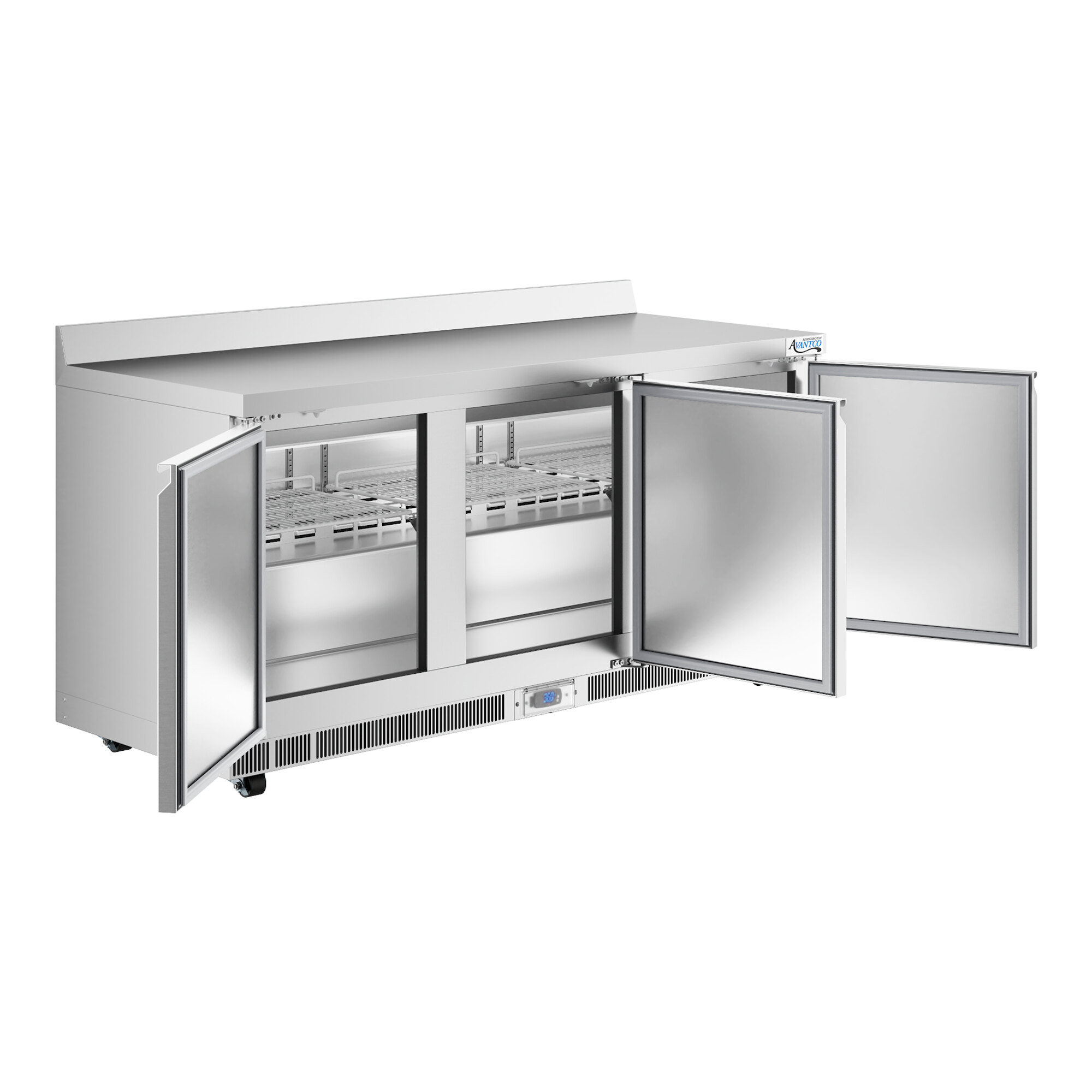 A stainless steel worktop refrigerator with three open doors and a 3 1/2 inch backsplash.