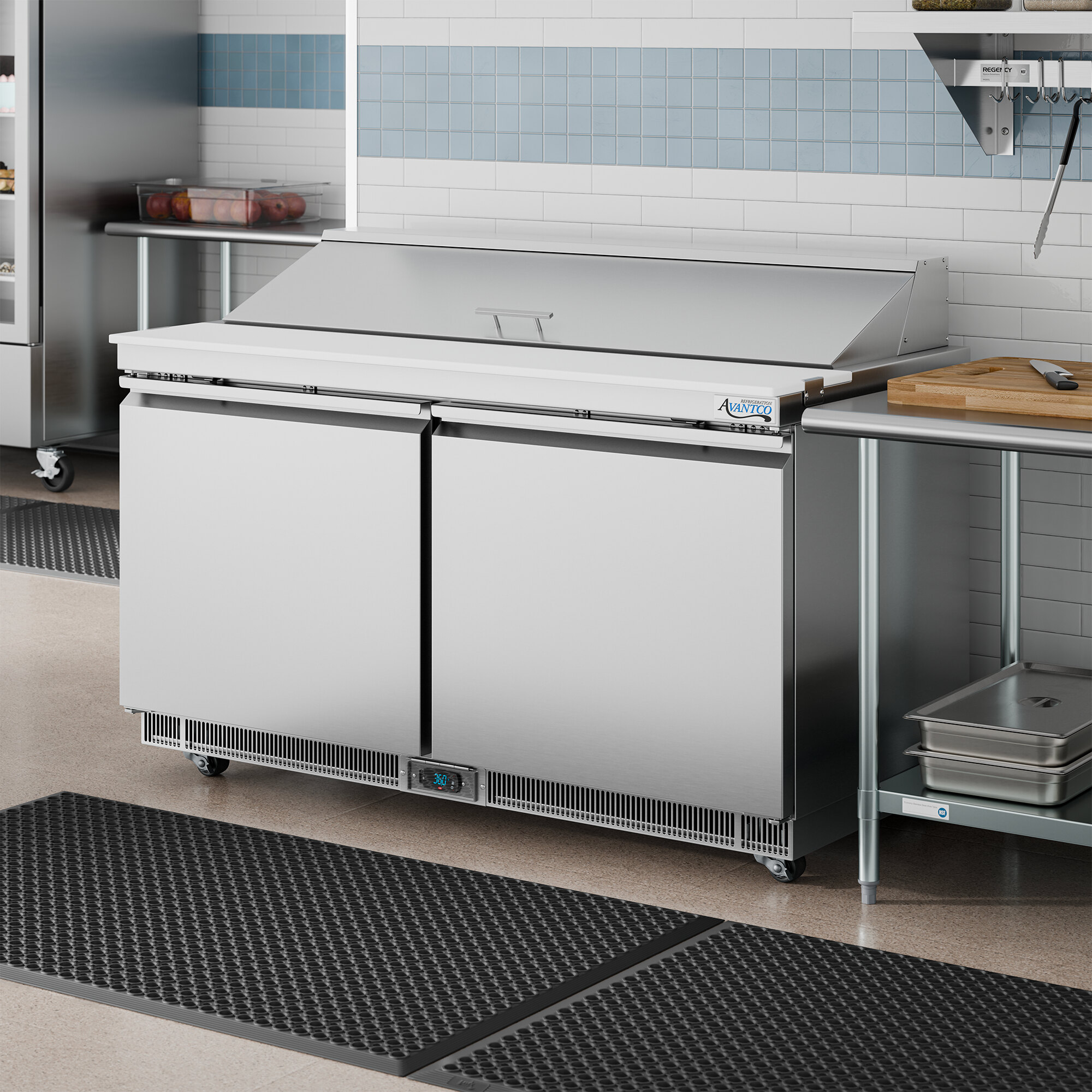 A stainless steel, two-door refrigerated sandwich prep table with a cutting top and WiFi-enabled controls.