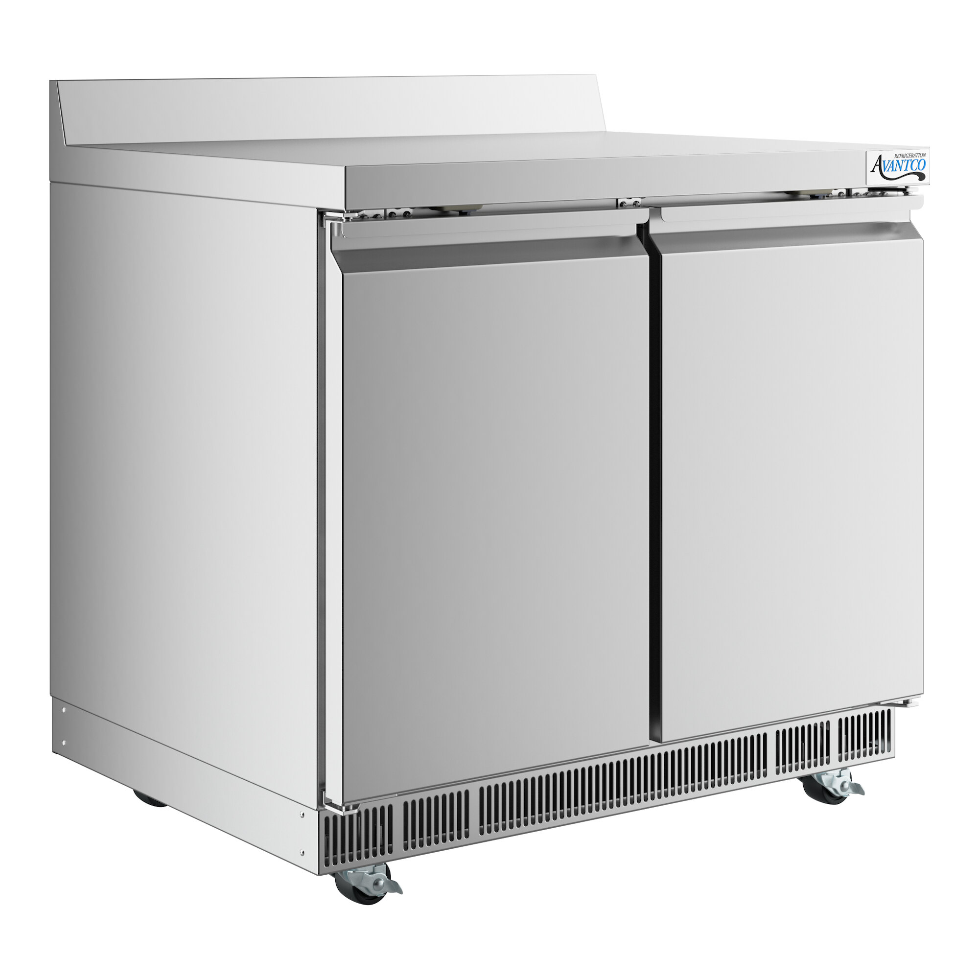 A stainless steel worktop refrigerator with two doors, a 3 1/2 inch backsplash, and front ventilation, designed for commercial use.