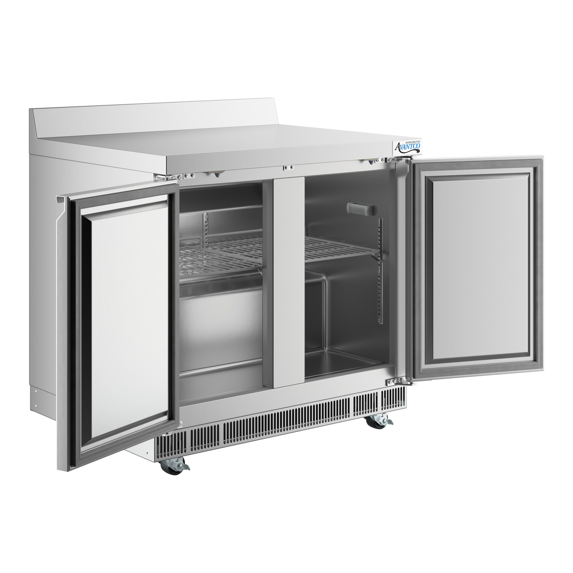 A stainless steel worktop refrigerator with two open doors, a wire shelf, and a 3 1/2 inch backsplash.