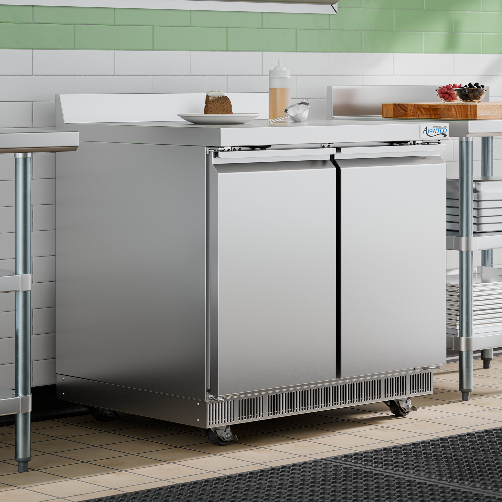 A stainless steel 36-inch Avantco VersaHub WiFi-enabled worktop refrigerator with a 3 1/2-inch backsplash and two doors.