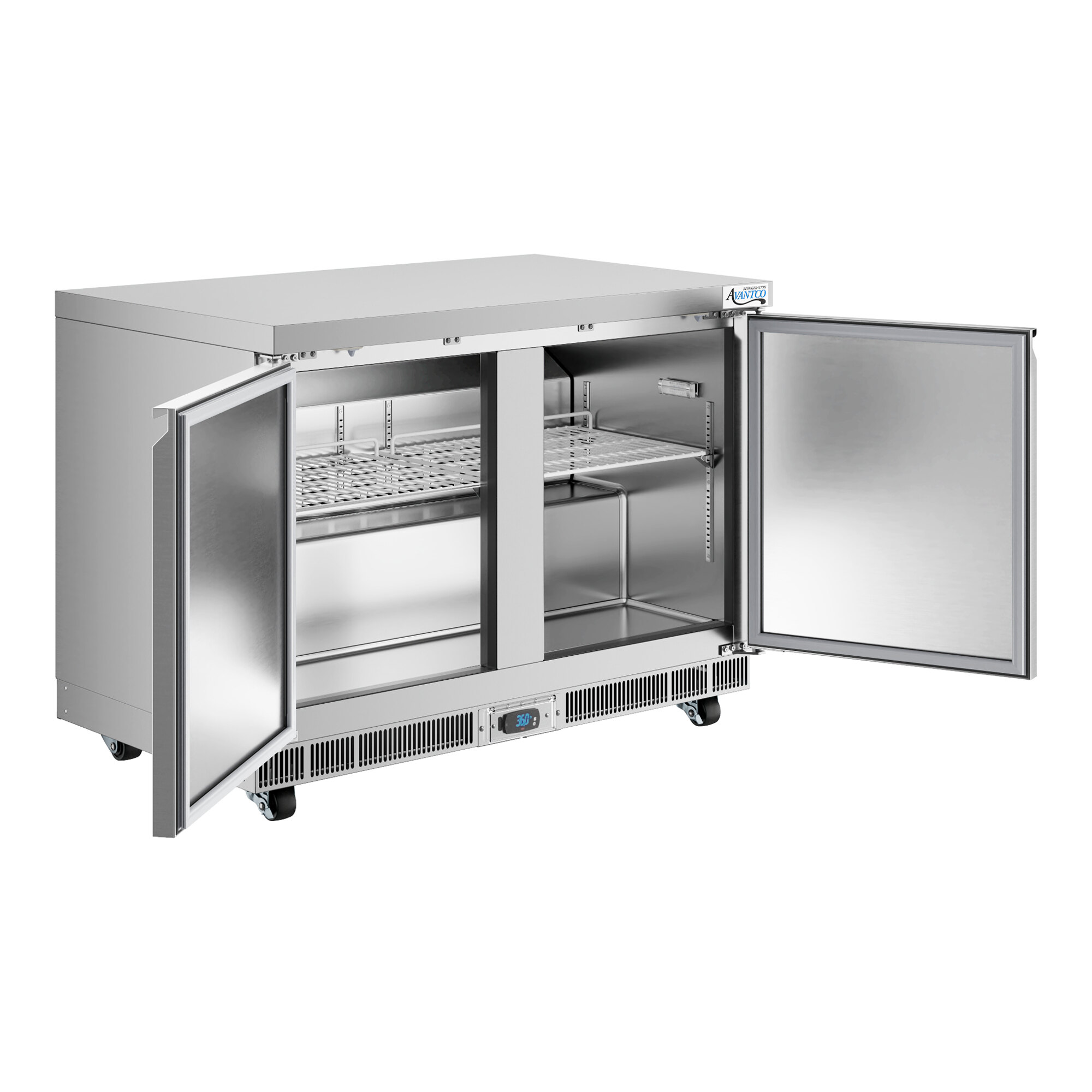 A stainless steel undercounter refrigerator with two open doors and interior shelving.