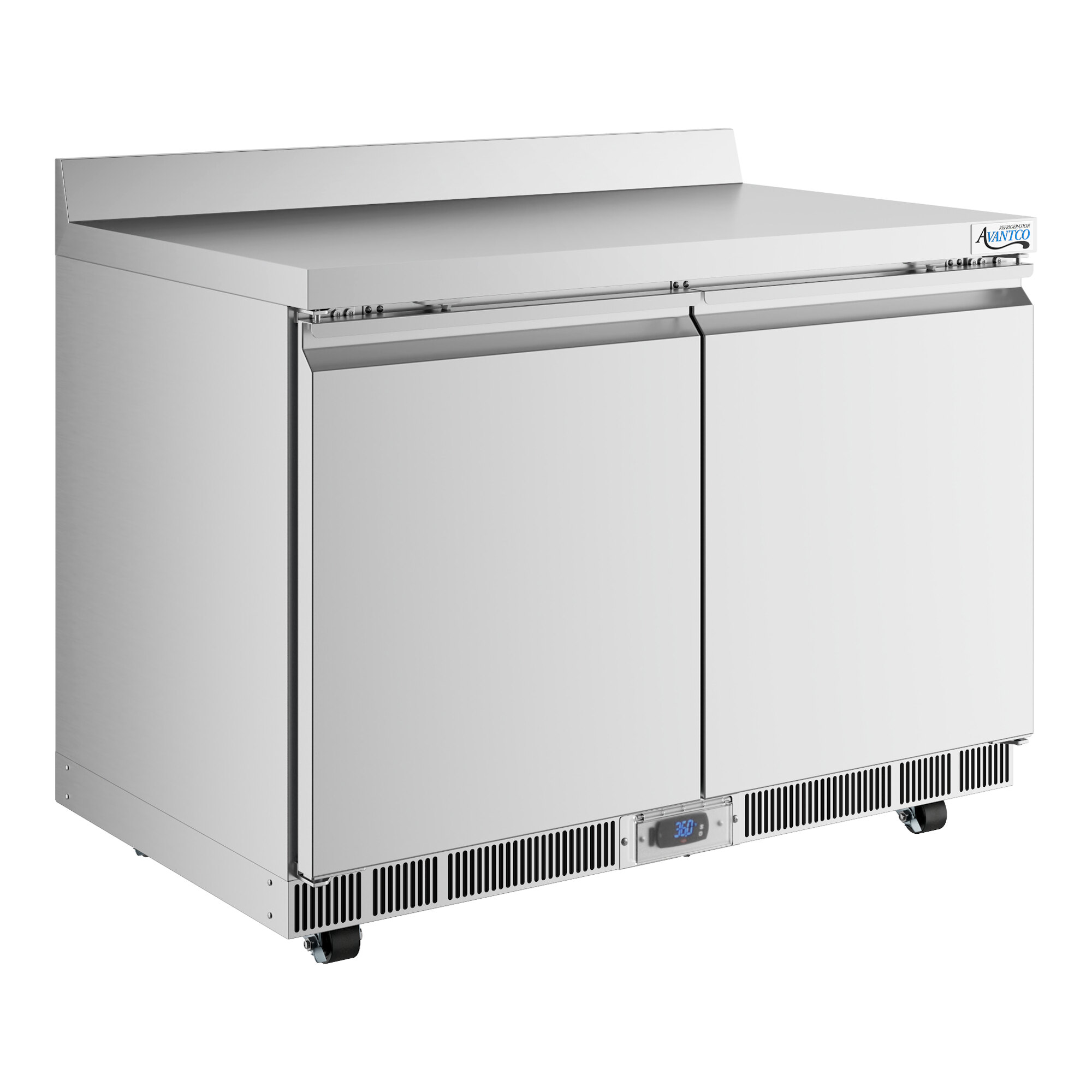 A stainless steel, two-door worktop refrigerator with a 3 1/2 inch backsplash and front ventilation.