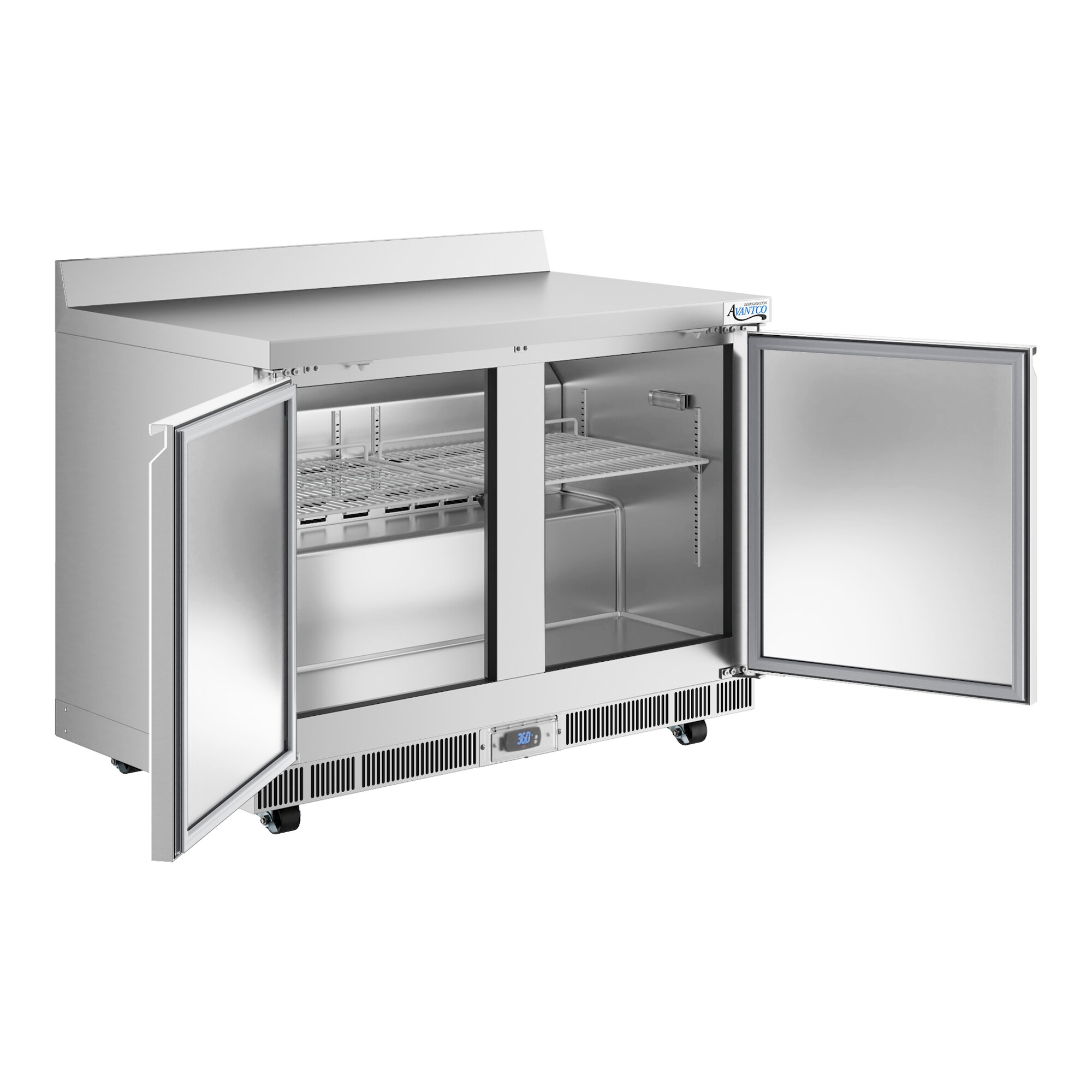 A stainless steel worktop refrigerator with two open doors, interior shelving, and a 3 1/2 inch backsplash.