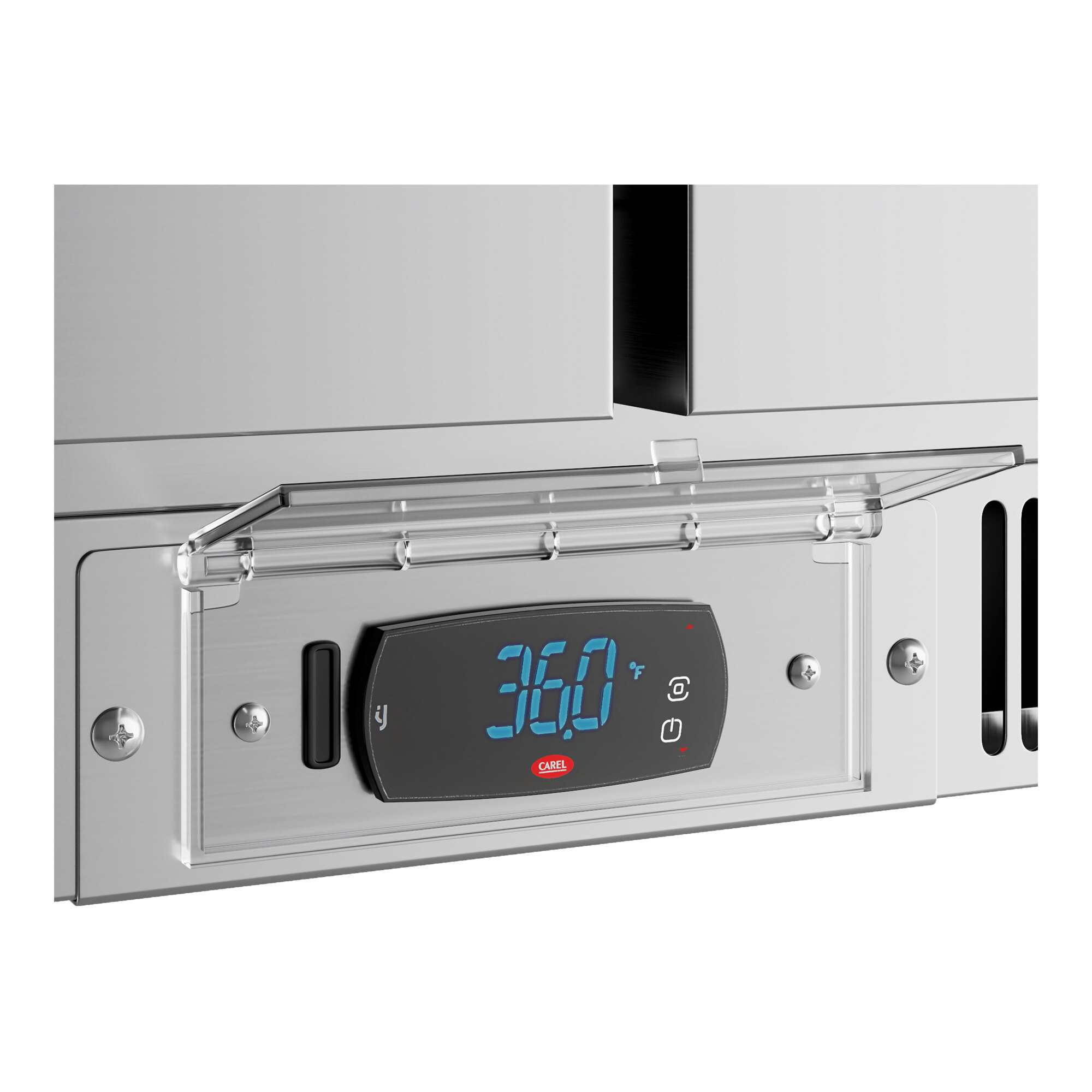 A stainless steel worktop refrigerator with a digital temperature display and a 3 1/2 inch backsplash.