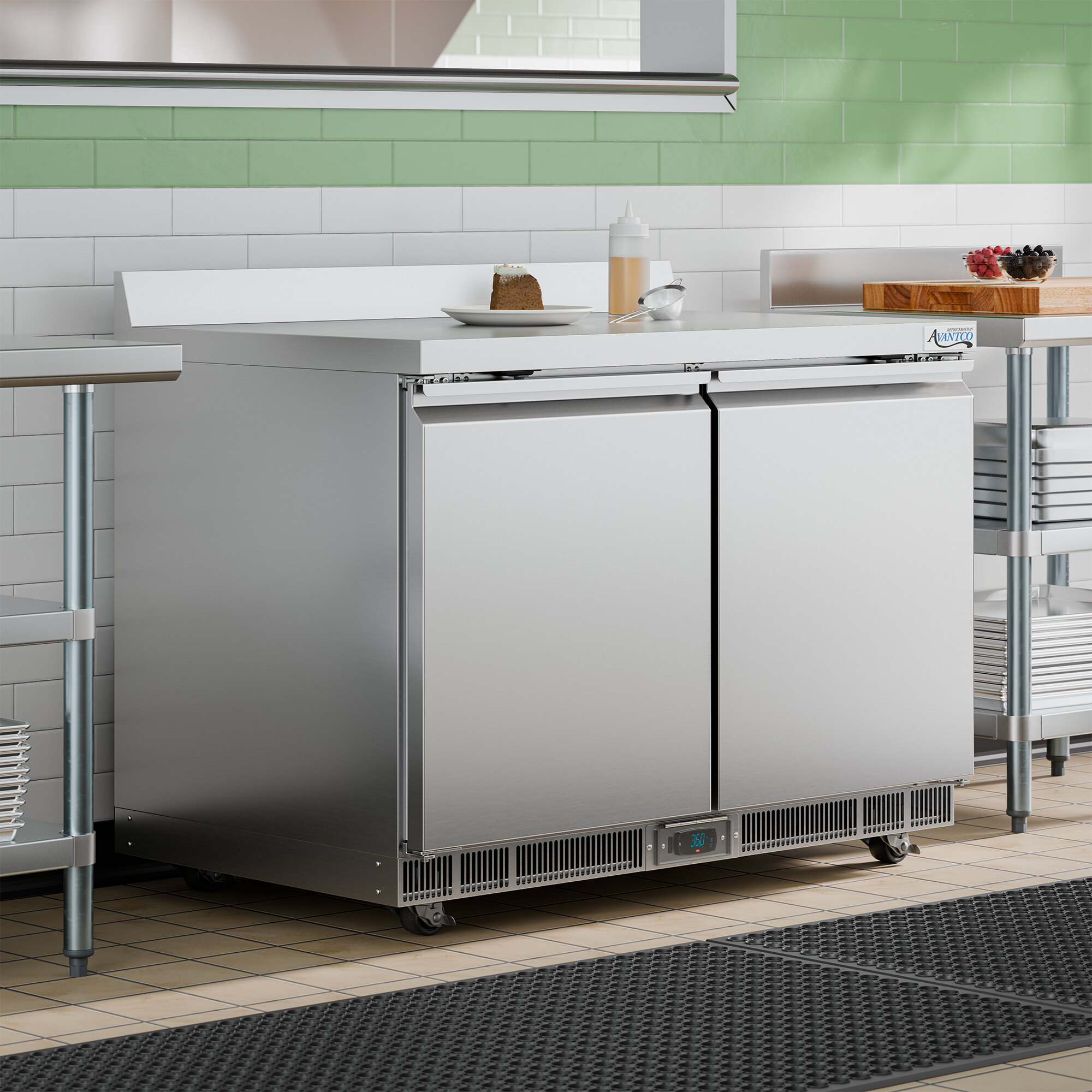 A stainless steel 48-inch worktop refrigerator with two doors and a 3 1/2-inch backsplash, designed for commercial kitchens.